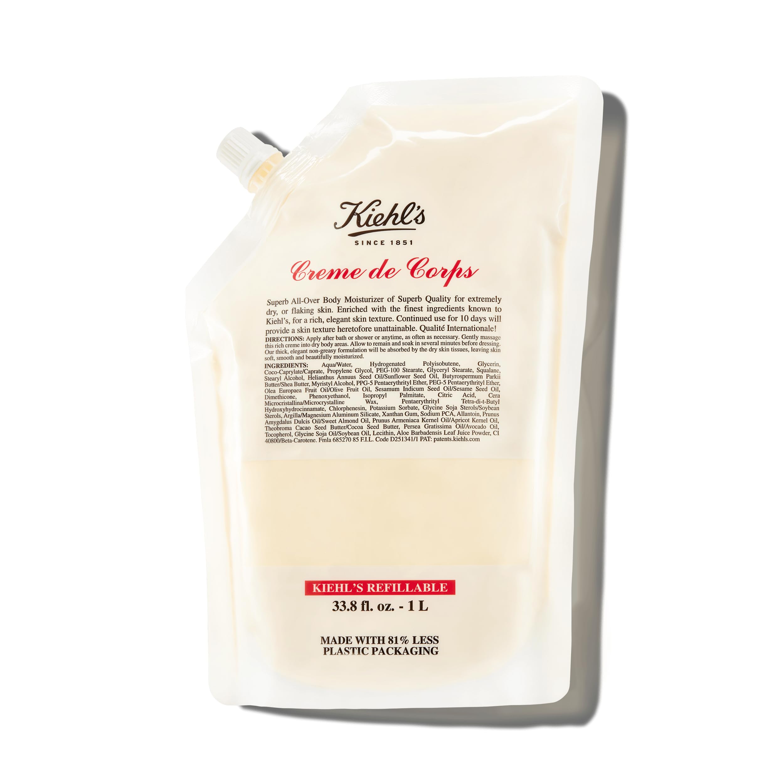Kiehl's Creme de Corps front tub showing refill packaging and large size benefit