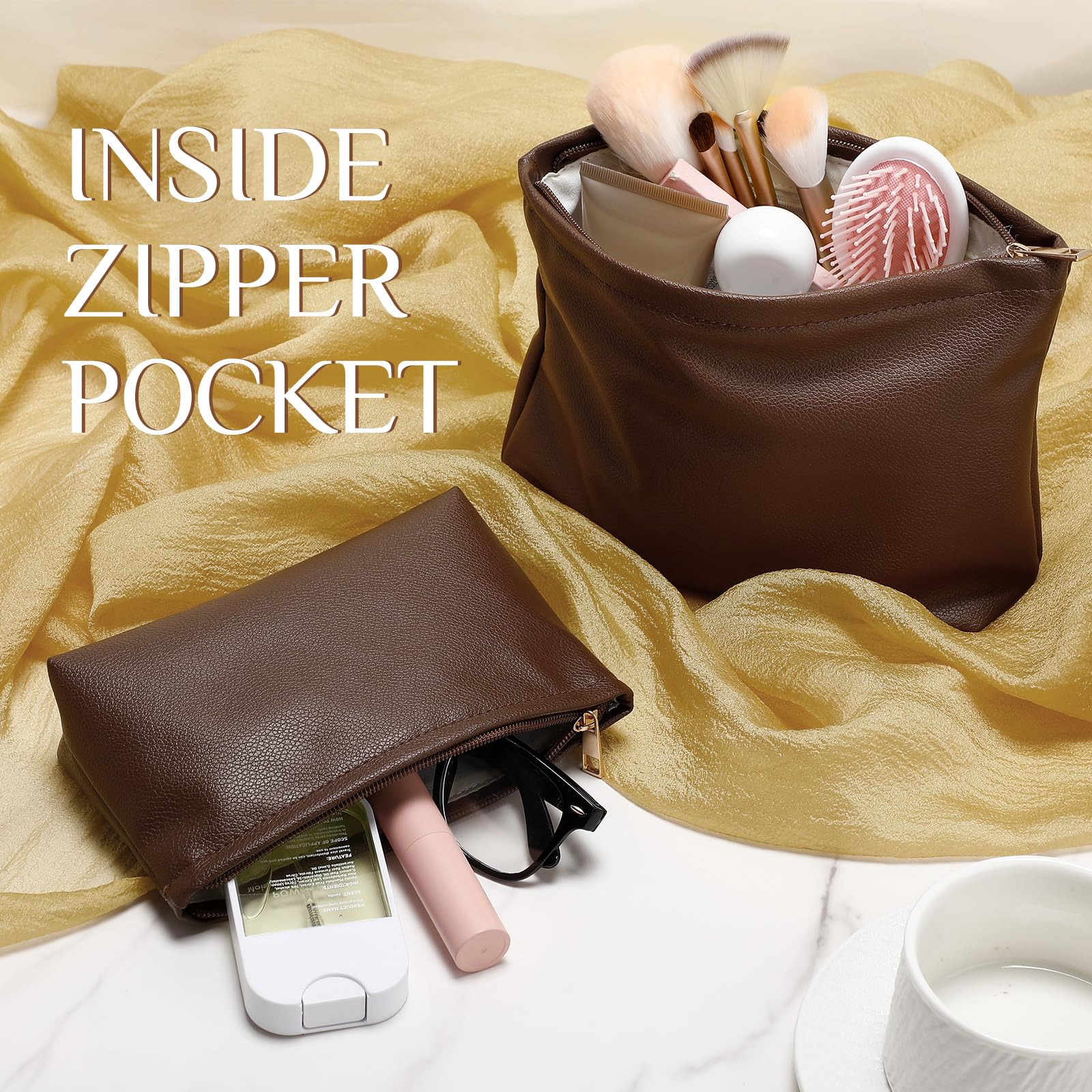 Kigeli larger pouch filled with cosmetics demonstrating storage capacity and travel readiness