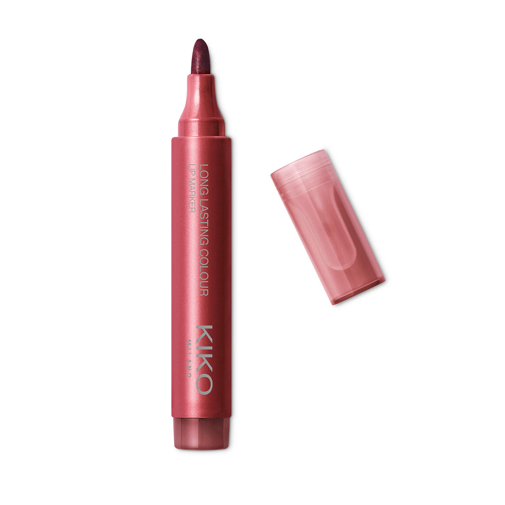 Kiko Milano lip marker front view showing shade 104 Deep Pink and packaging benefit long wear