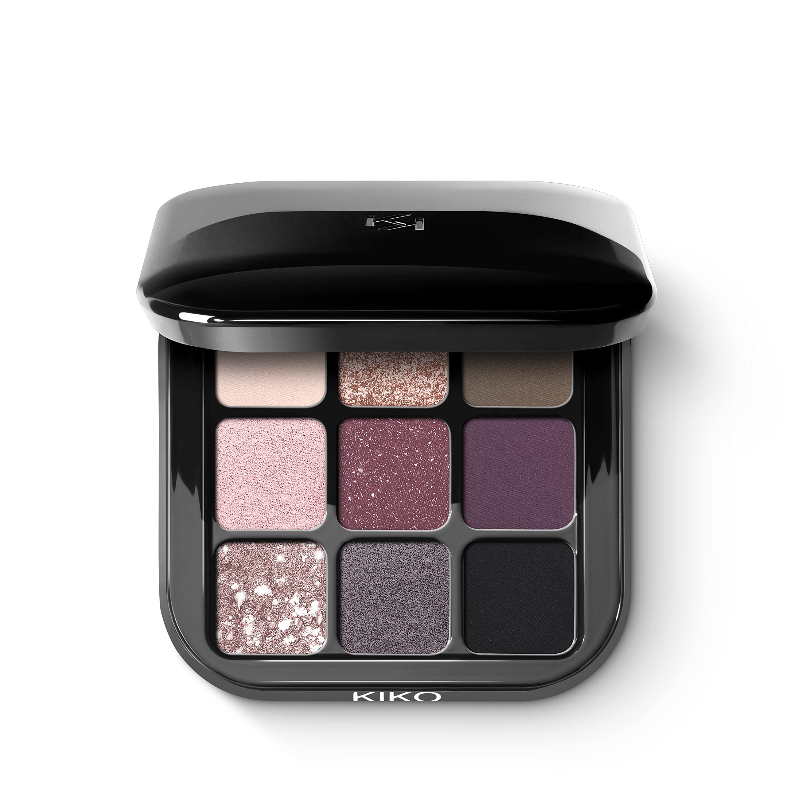 Kiko Milano front packaging showing nine mauve shades and compact mirror for travel convenience