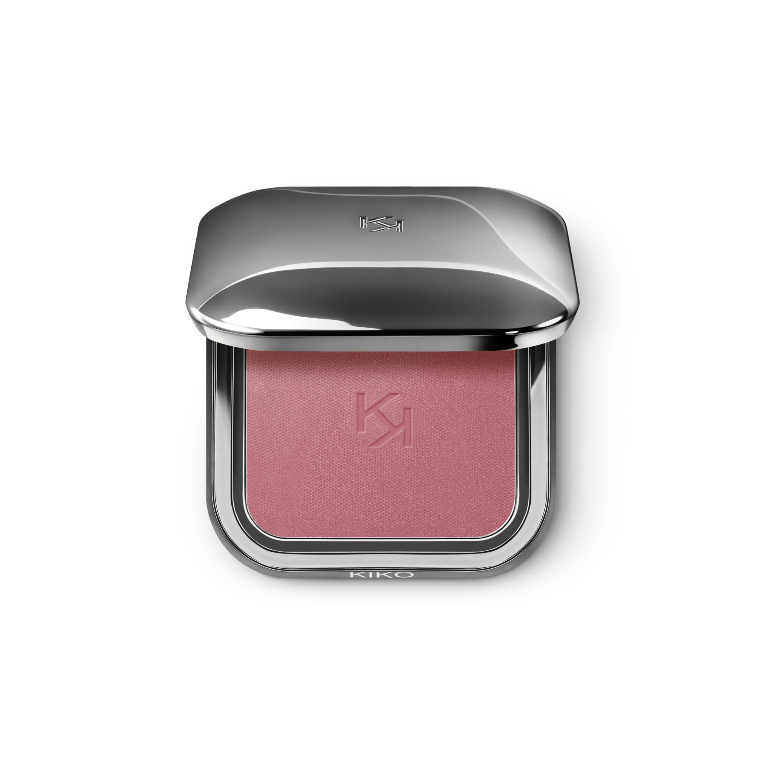 KIKO Milano front packaging showing sleek gunmetal compact and KK logo, premium travel-ready benefit