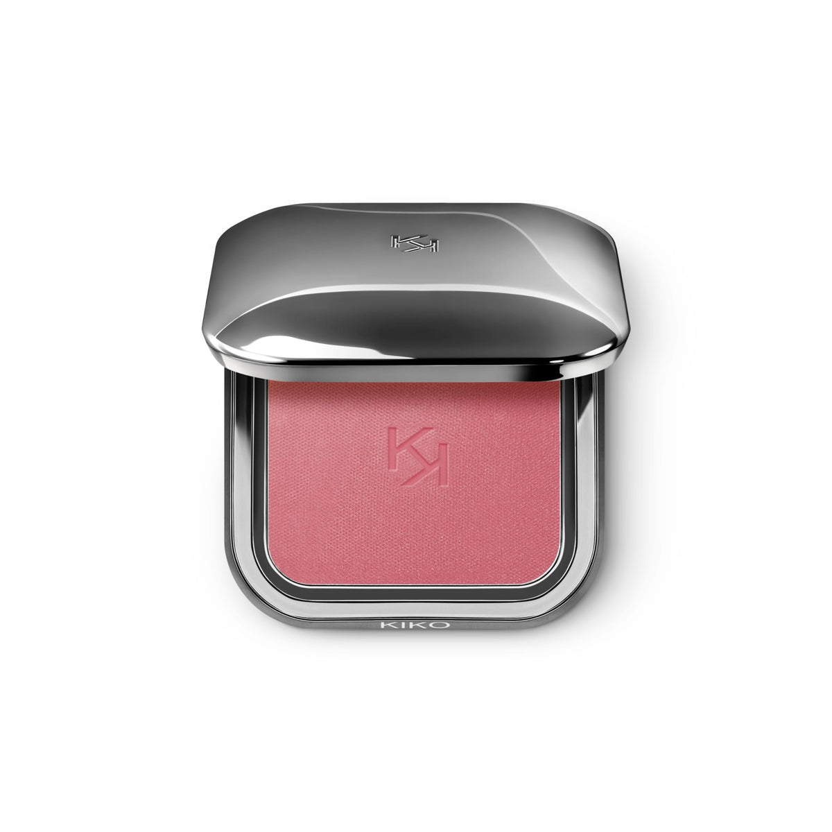 KIKO Milano front packaging showing sleek gunmetal compact and KK logo, premium travel-ready benefit