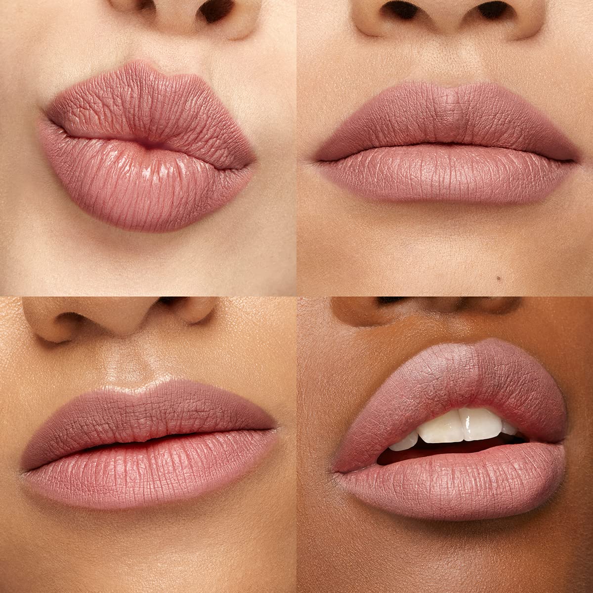 Kiko Milano lip swatch on model in lifestyle shot illustrating rosy brown shade and long-lasting finish