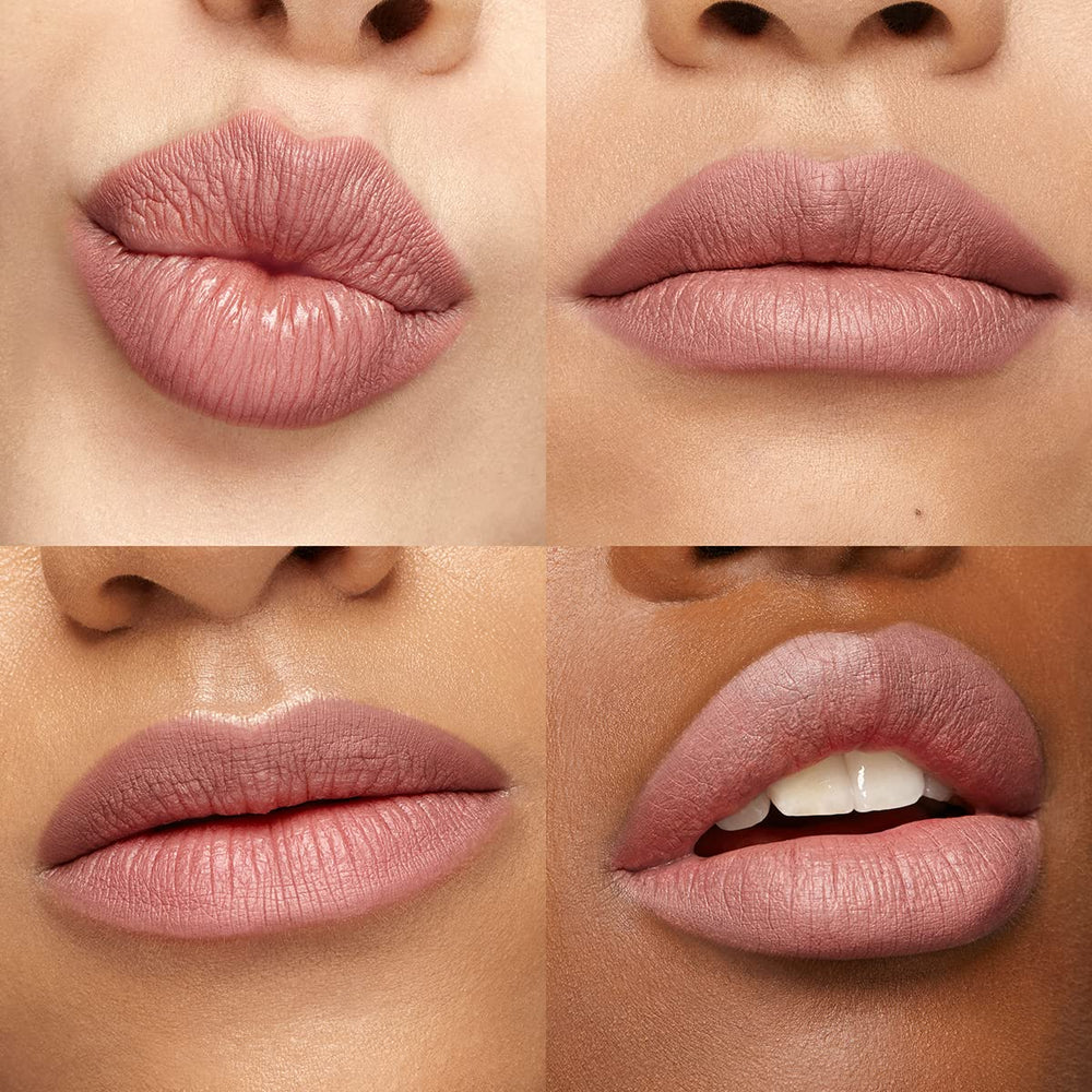 Kiko Milano lip swatch on model in lifestyle shot illustrating rosy brown shade and long-lasting finish