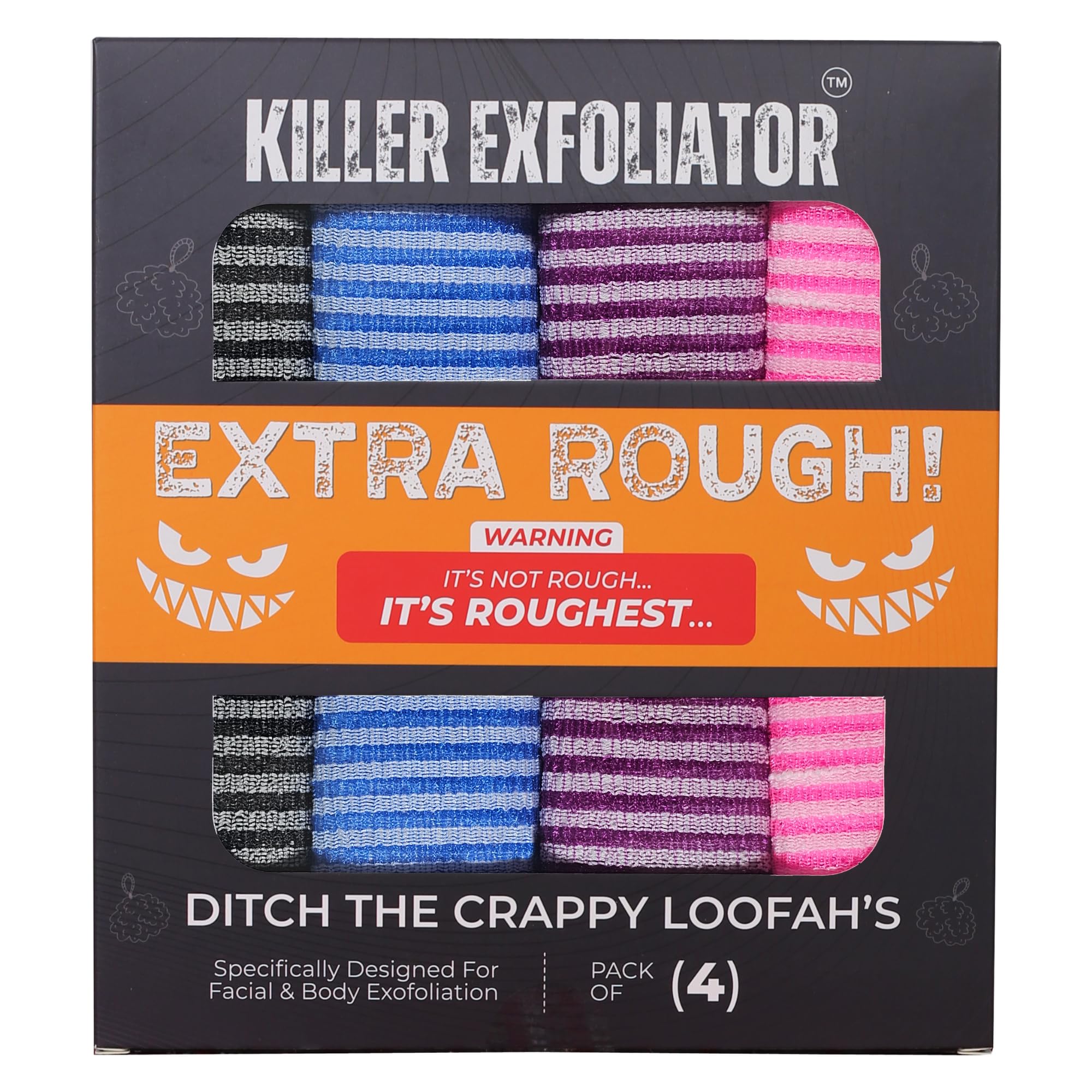 Killer Exfoliator front packaging showing four-color pack and benefits