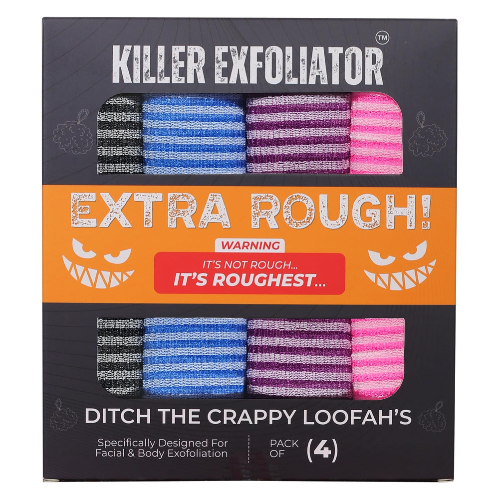 Killer Exfoliator front packaging showing four-color pack and benefits