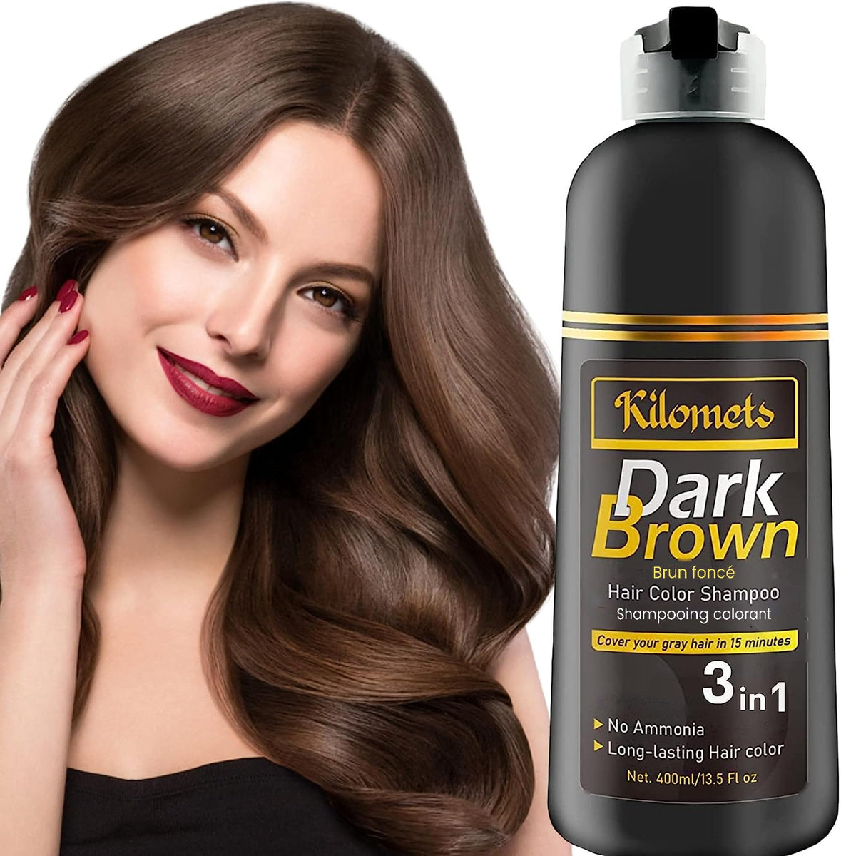 KILOMETS front bottle shot showing dark brown color and benefits