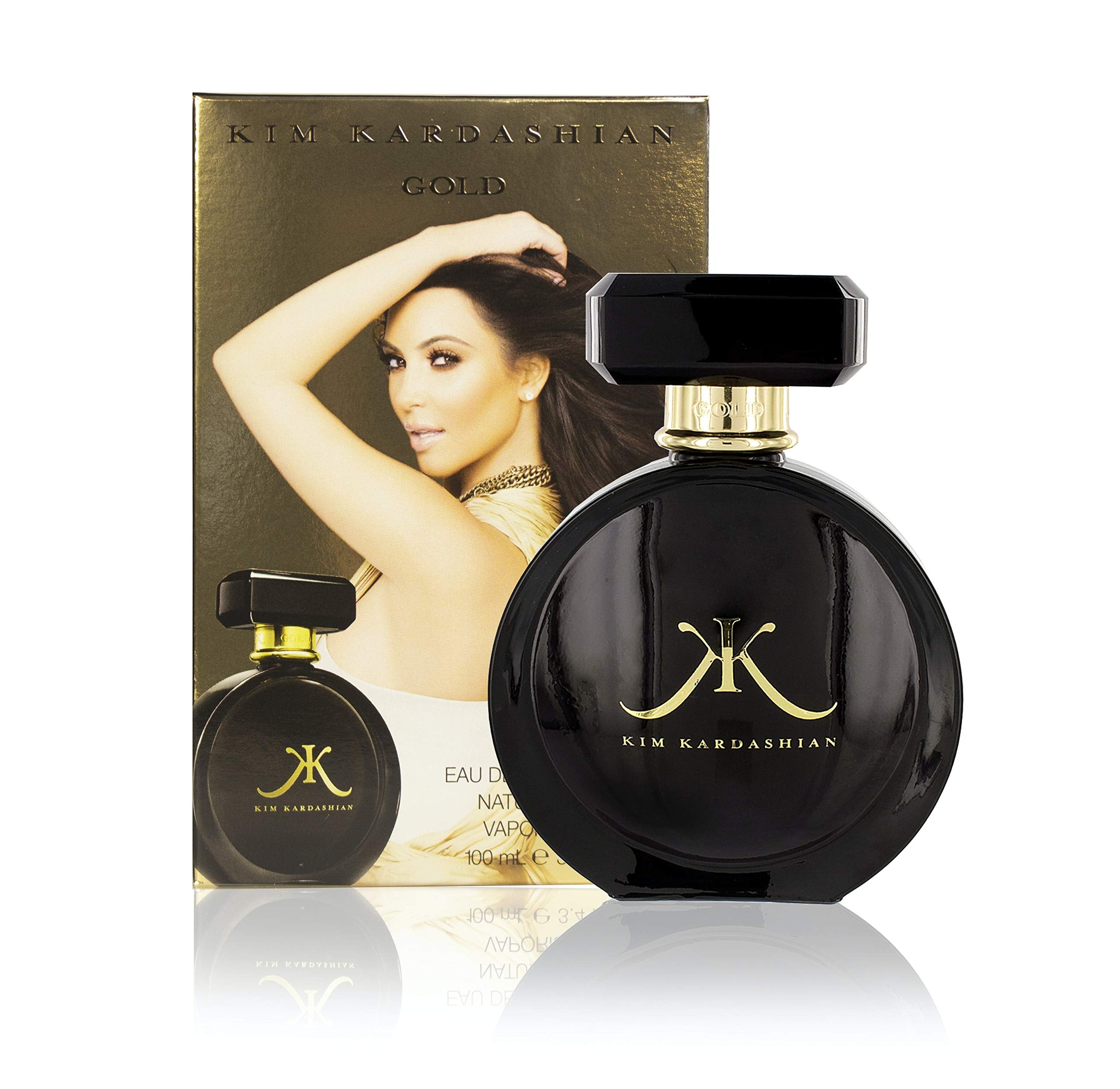 Kim Kardashian Gold front bottle showing gold and black design with elegant presentation