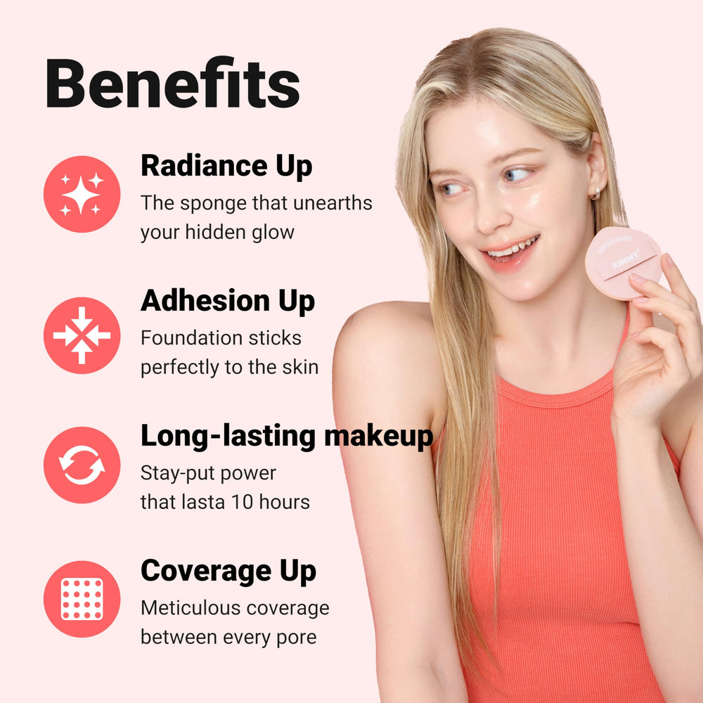 KIMMY sponge in use applying foundation for natural, buildable skin-like finish