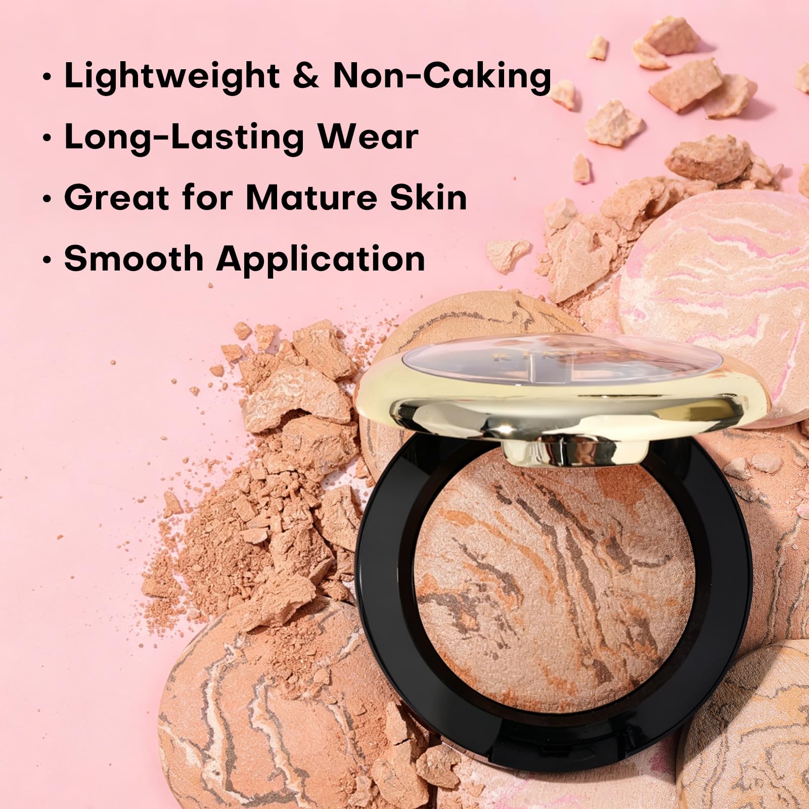 KIMUSE baked powder texture close-up demonstrating smooth blendability benefit