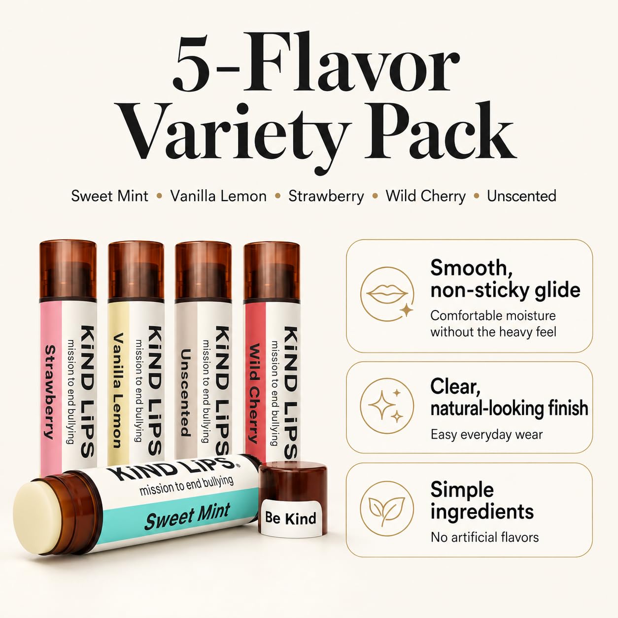 Kind Lips tube close-up showing balm texture and sheen, highlights smooth moisturizing feel