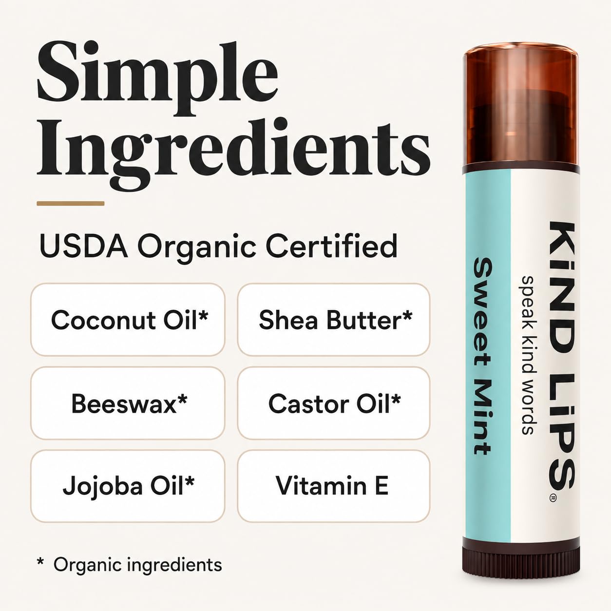 Kind Lips unscented tube label visible, ideal for sensitive skin and fragrance-free use