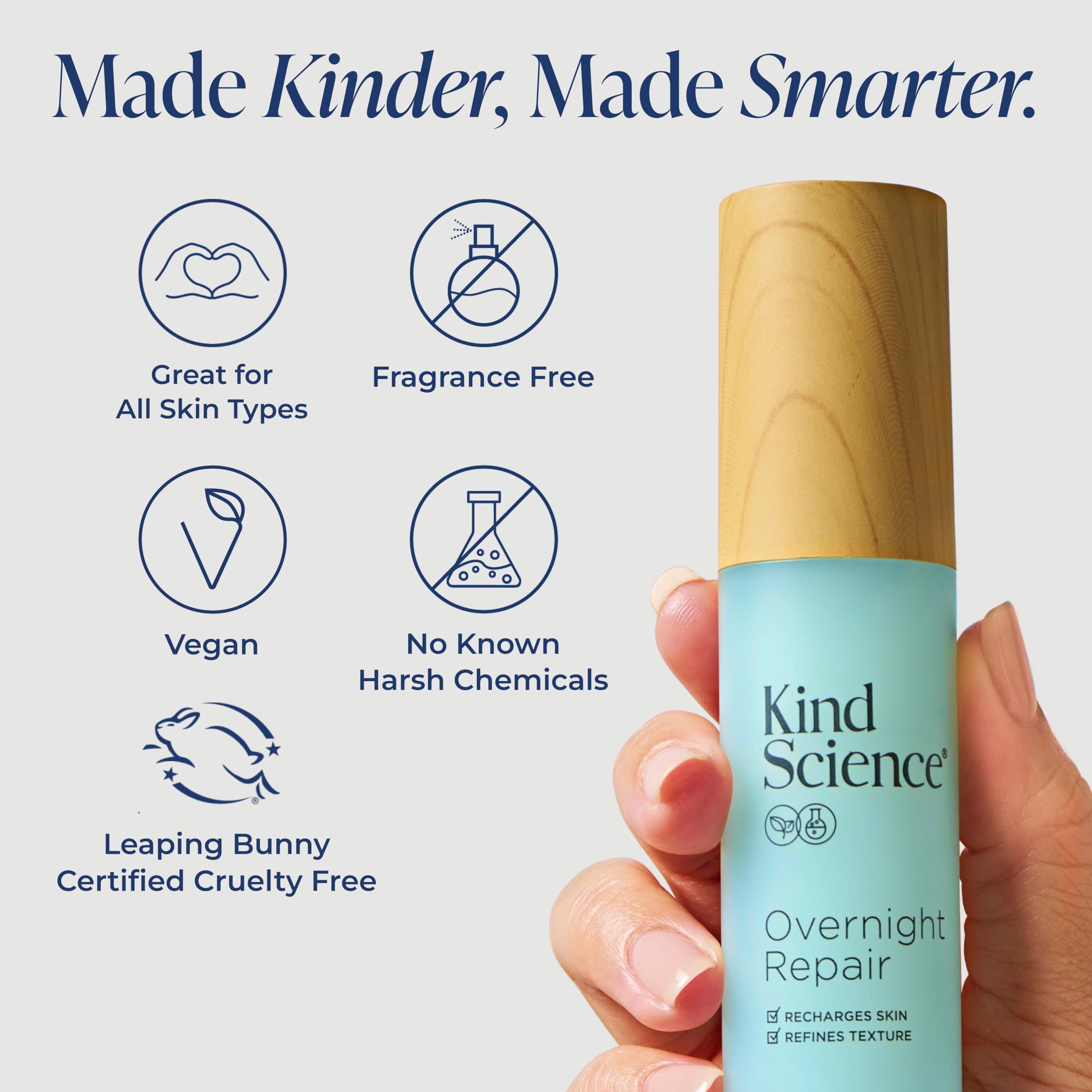 Kind Science jar next to skincare items on counter showing evening routine benefit