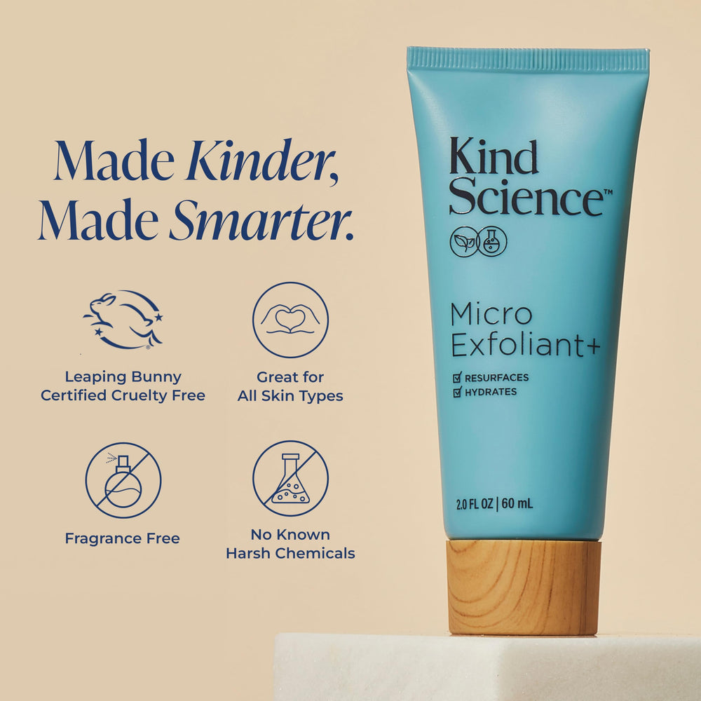 Kind Science scrub on fingers demonstrating micro-exfoliant texture for effective smoothing