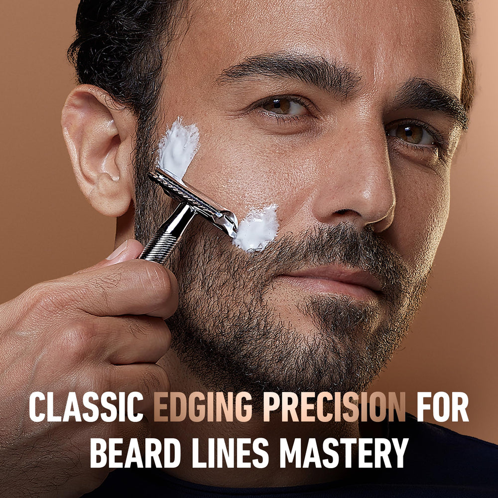 King C. Gillette close-up of blade edge for precise trimming benefit