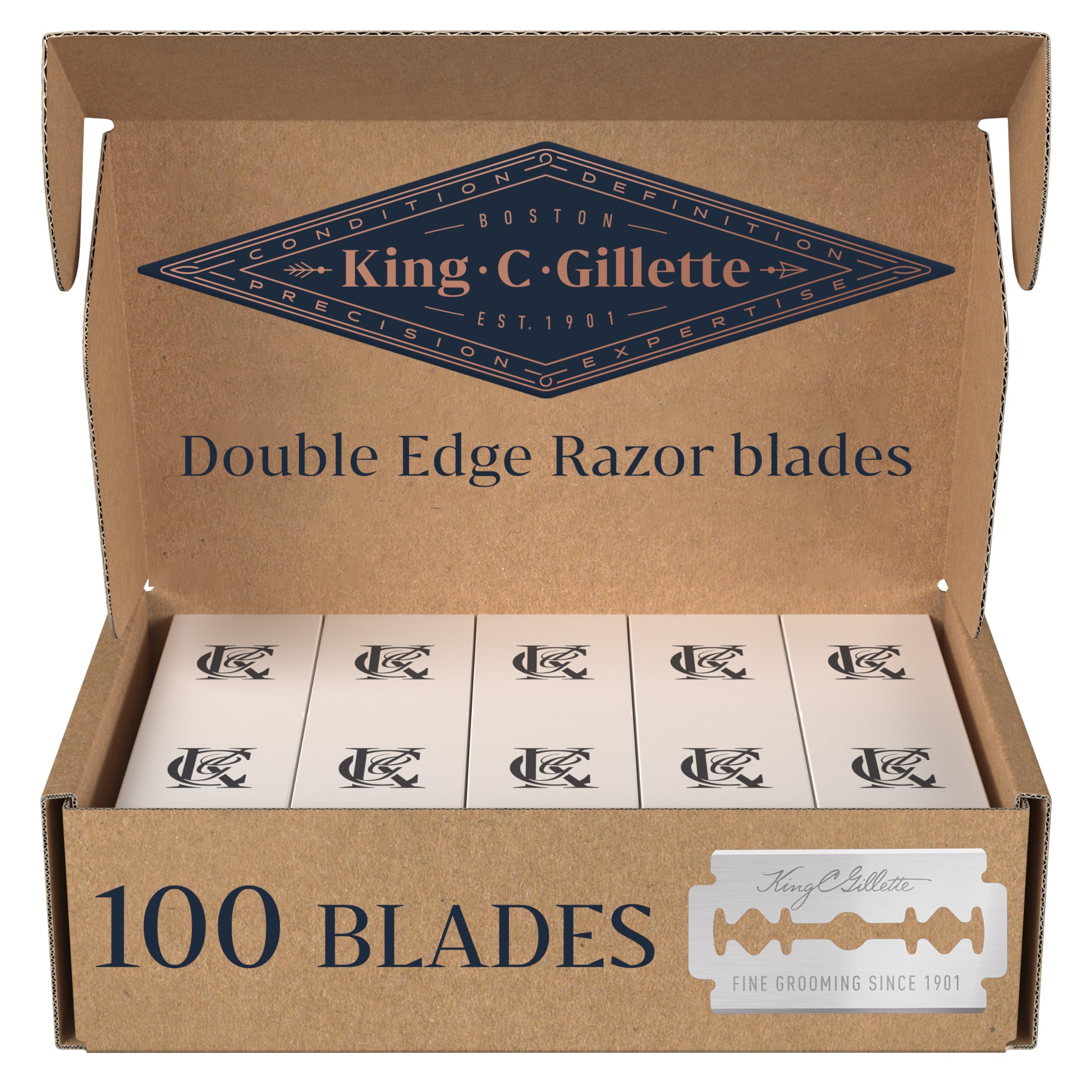 King C. Gillette front packaging showing 100 blades and easy storage benefit