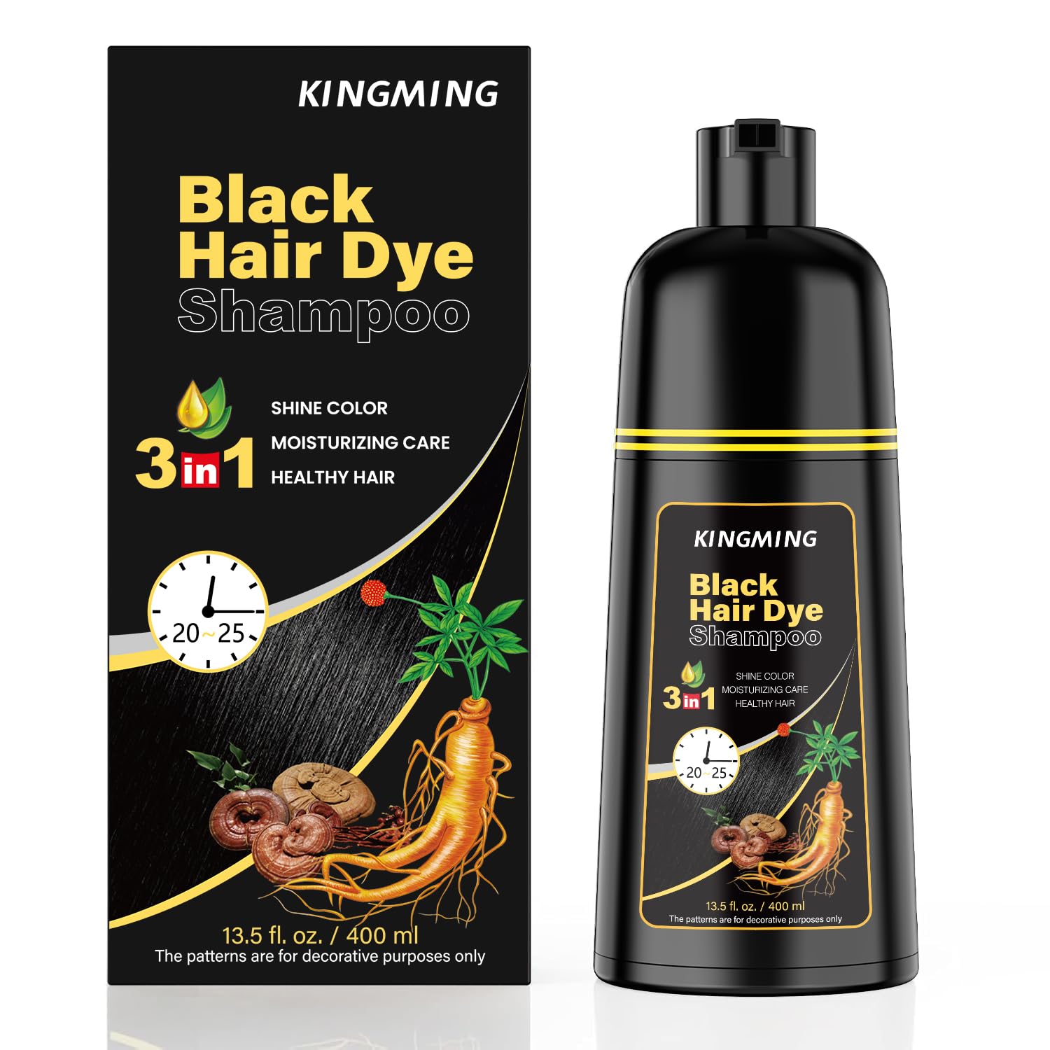 KINGMING front bottle showing black dye shampoo and easy at-home use