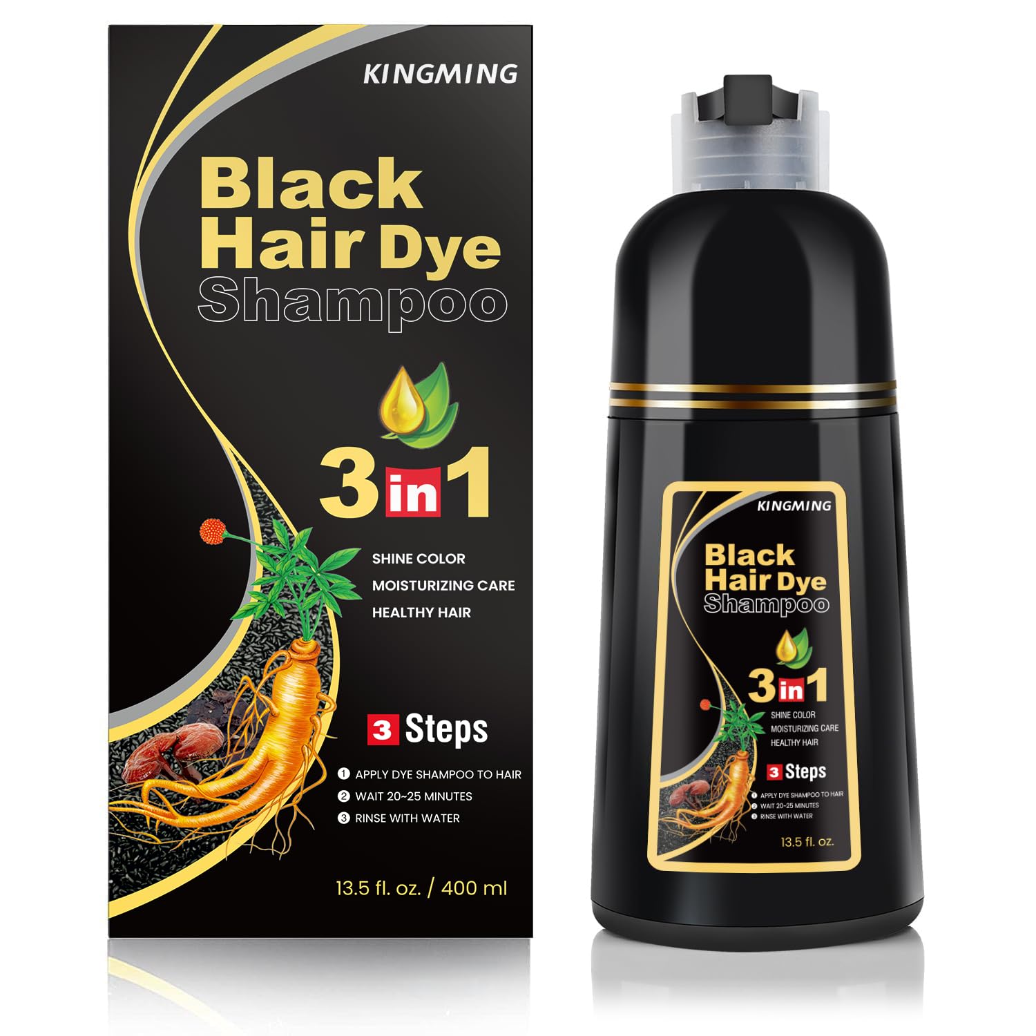 KINGMING front packaging showing bottle and black dye benefit