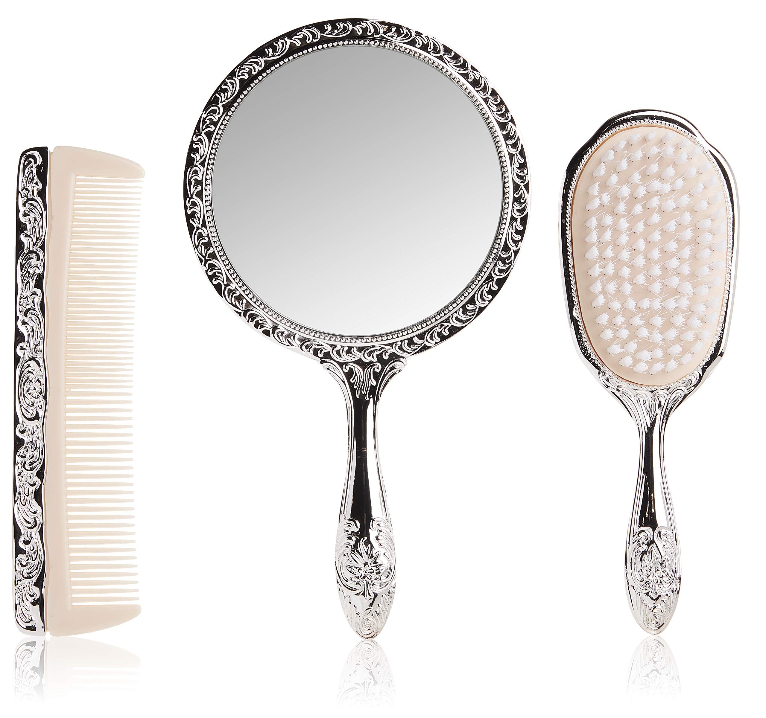 Kingsley front view of silver chrome vanity set showing complete trio and gift appeal
