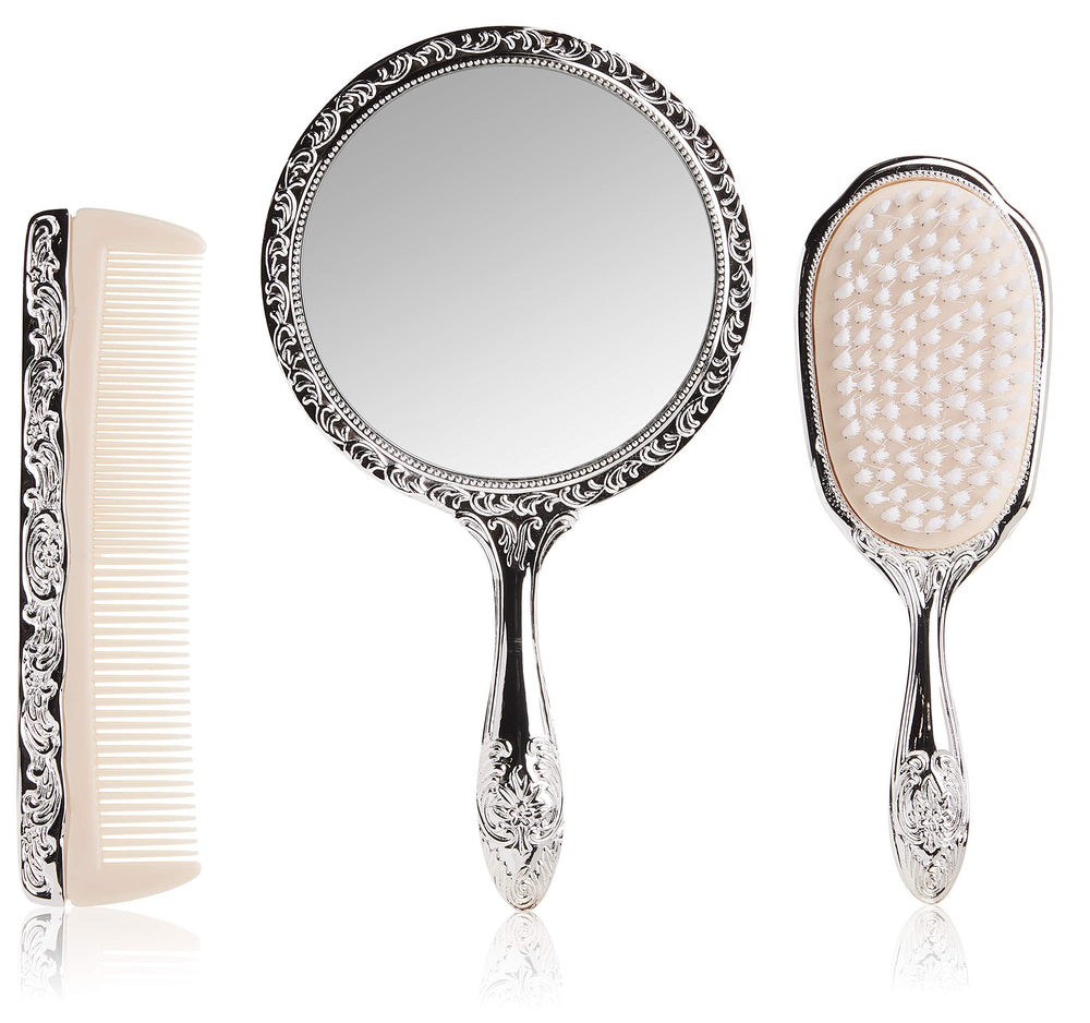 Kingsley front view of silver chrome vanity set showing complete trio and gift appeal
