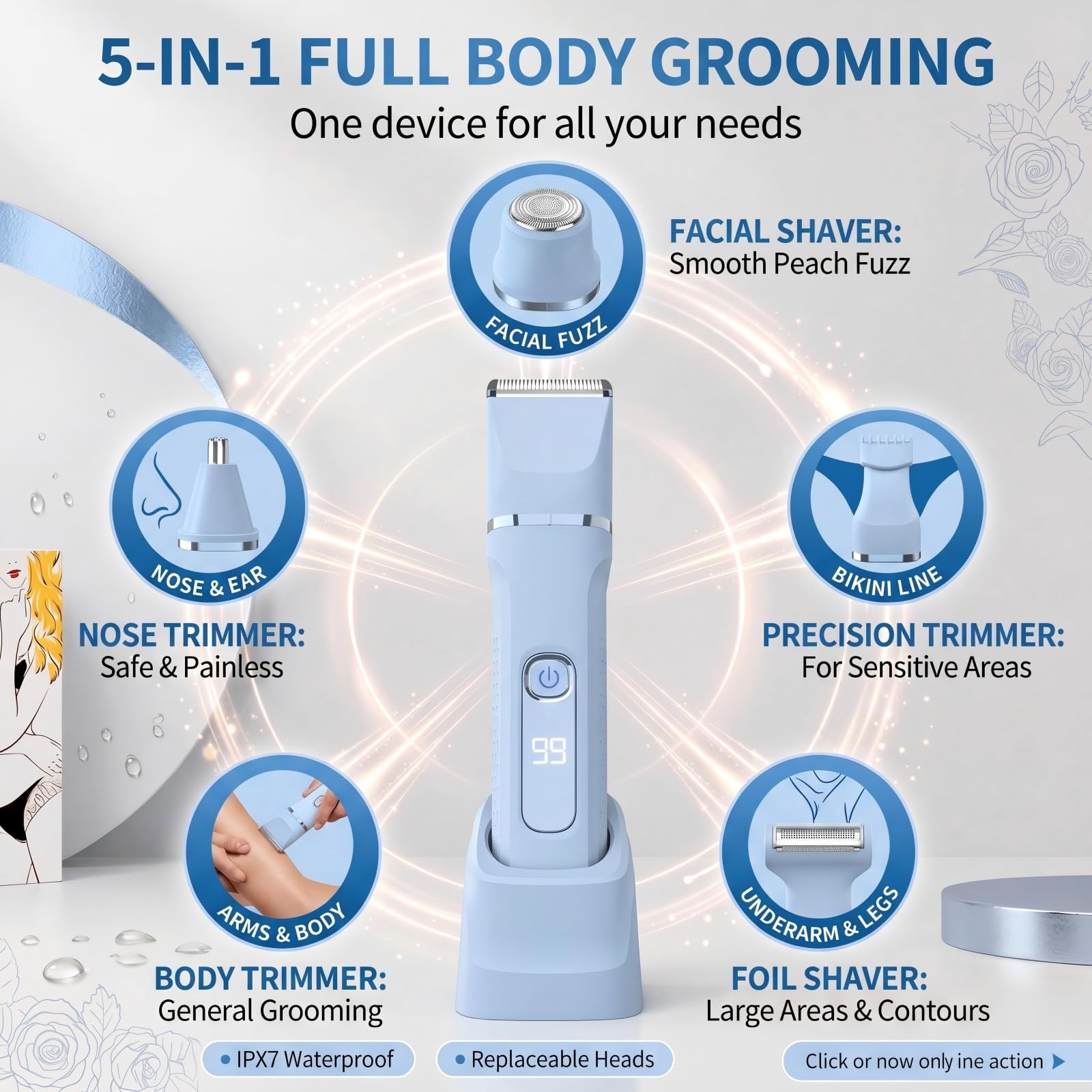 KINGTEE five interchangeable heads laid out for versatile grooming