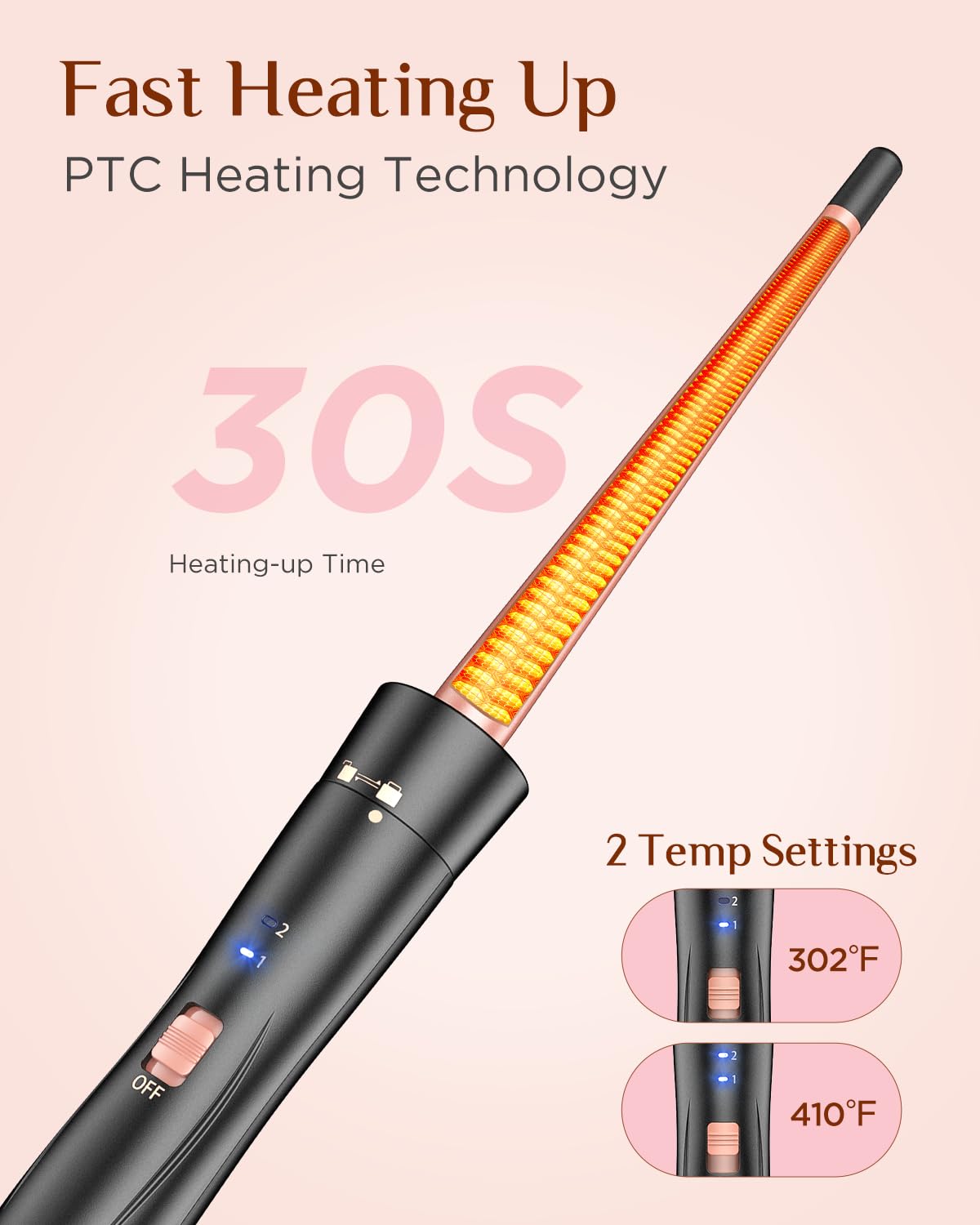 Kinked 1.25‑inch curling iron barrel visual for larger loose curls and soft waves