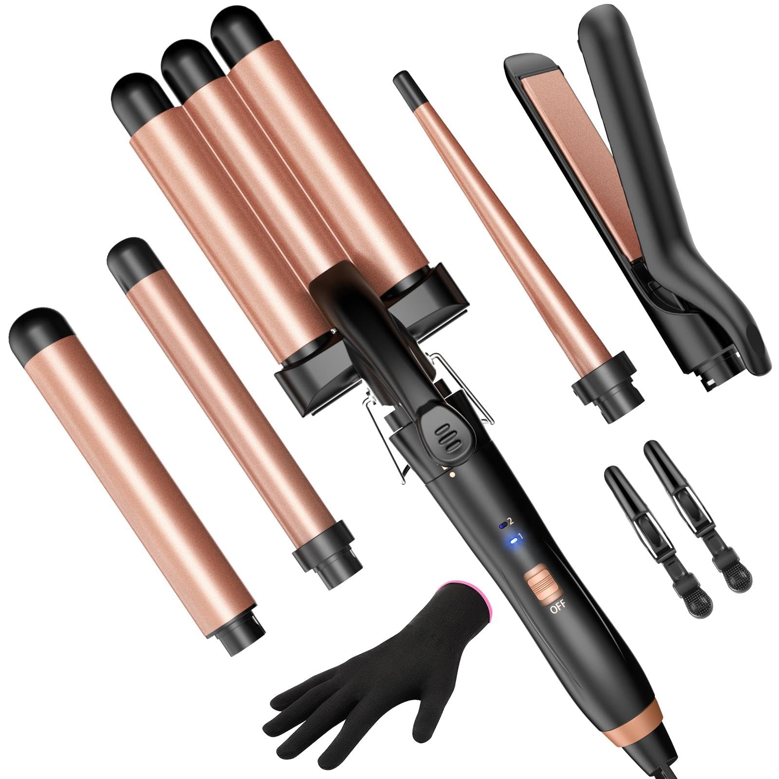 Kinked 5‑in‑1 kit front view showing all attachments and rose gold finish for versatile styling