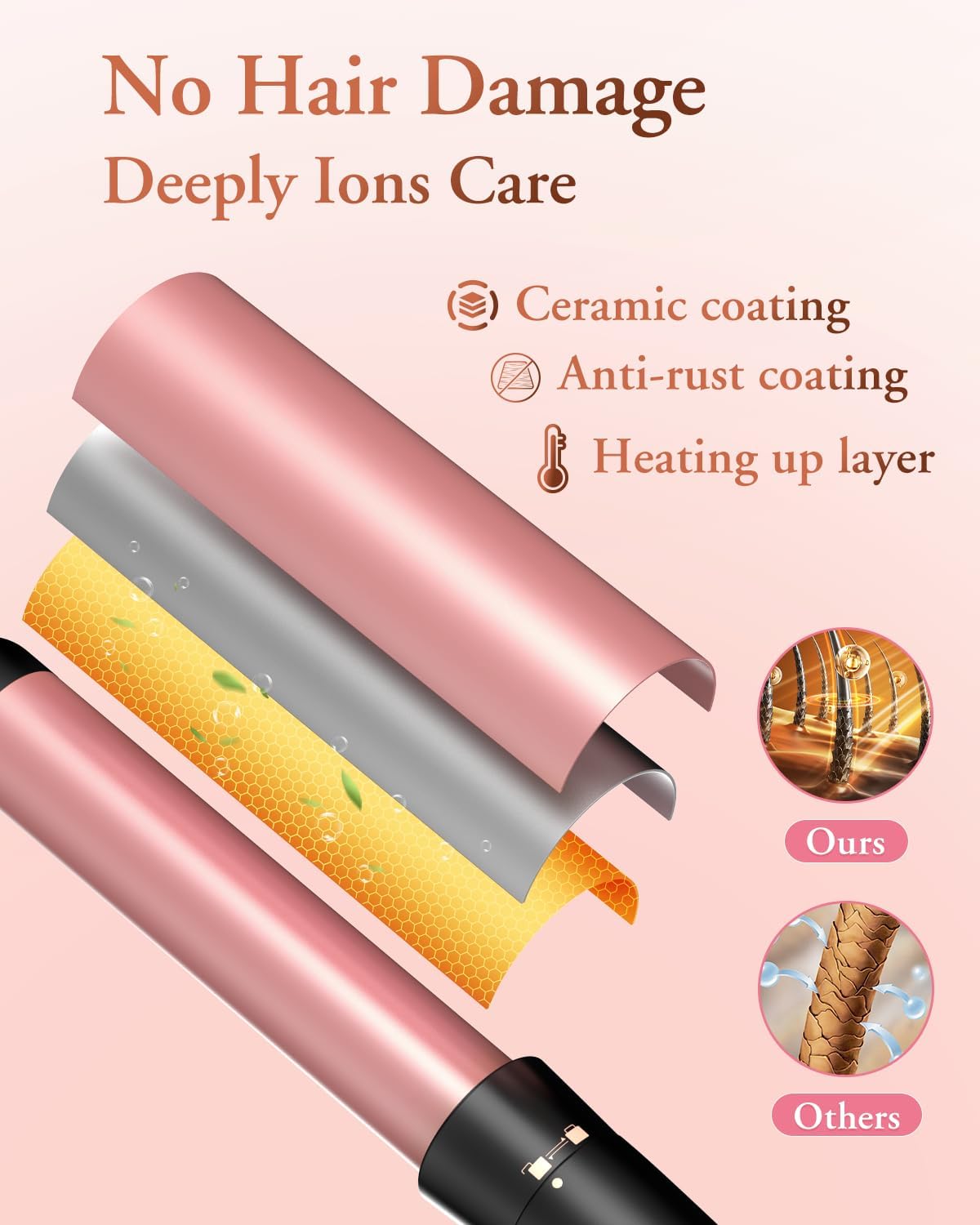 Kinked tapered wand tip highlighting ceramic surface for defined, variable‑sized curls