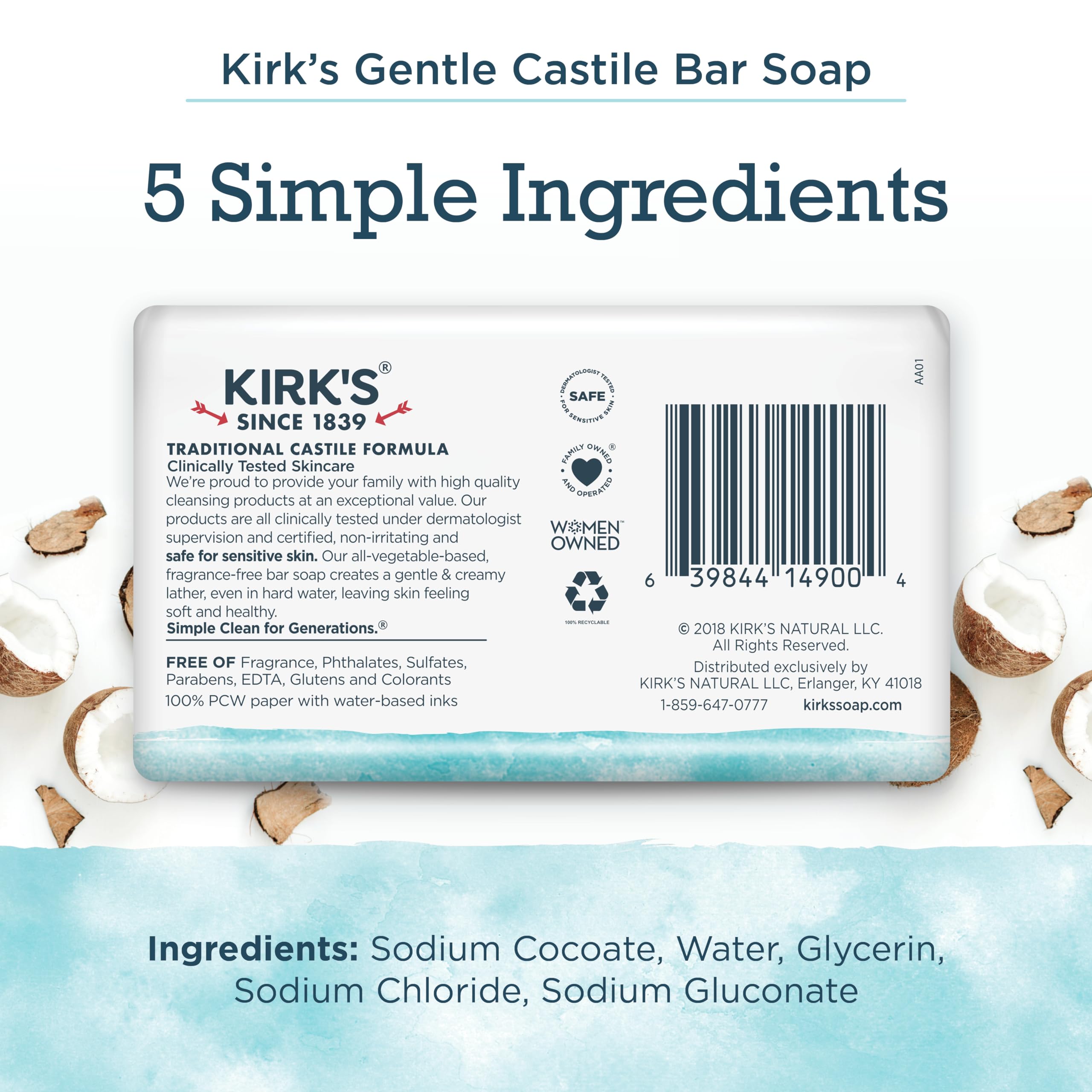 Kirk's close-up of bar texture showing smooth coconut-oil surface for gentle cleansing