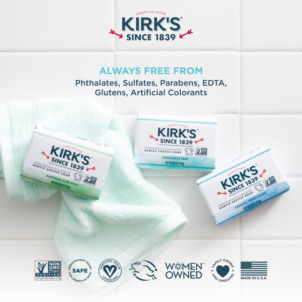 Kirk's soap placed in a neat bathroom setting showing multiuse and lifestyle appeal
