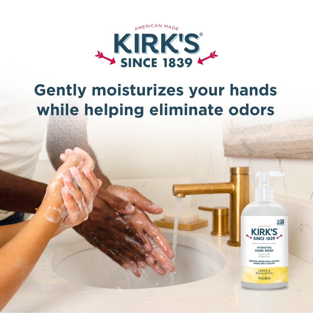 Kirk's 12 fl oz bottle beside a hand for scale, showing ideal countertop size