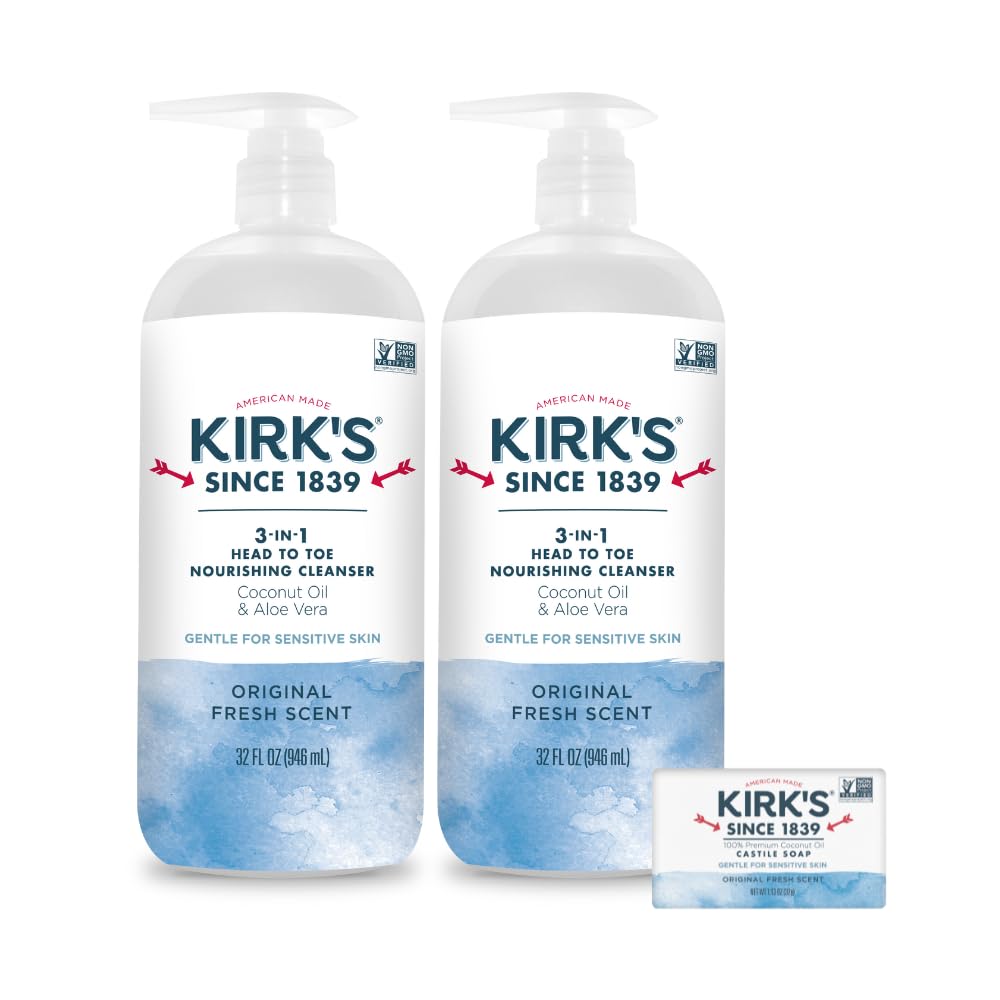 Kirk's front packaging showing 3-in-1 pump for simple daily use