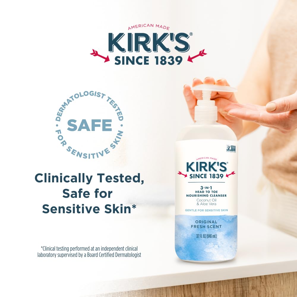 Kirk's bottle staged in shower showing family-friendly daily cleansing
