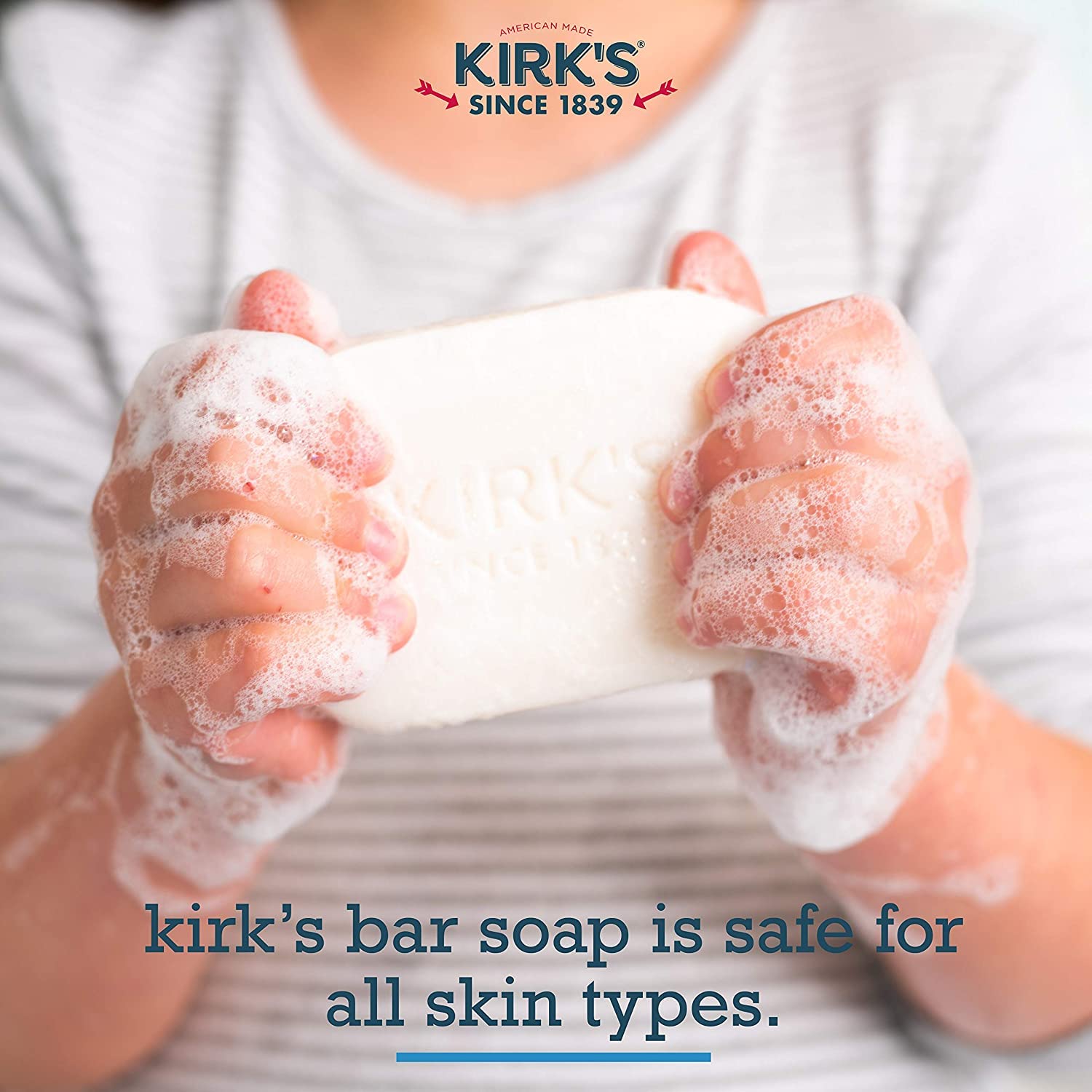 Kirk's bar lathering in hand showing rich foam for gentle cleansing benefit