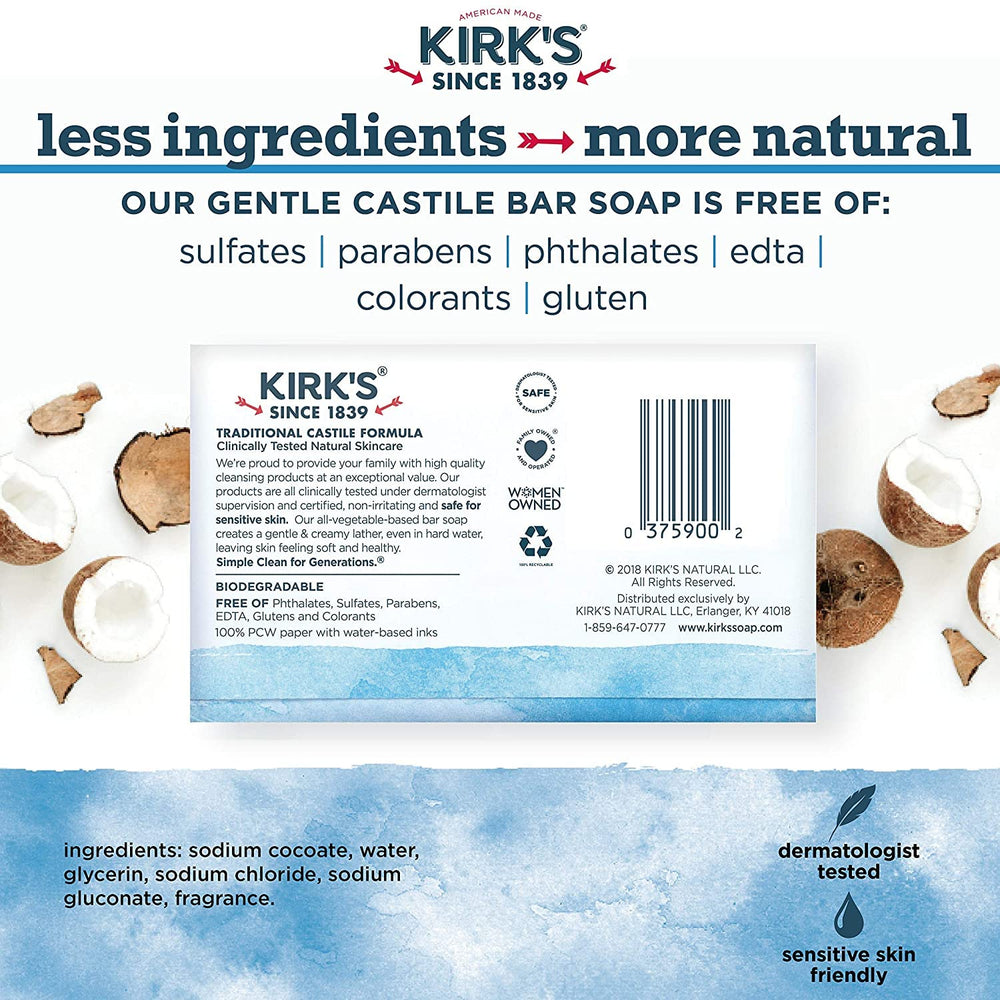 Kirk's label detail with ingredients and heritage emphasizing transparent quality benefit