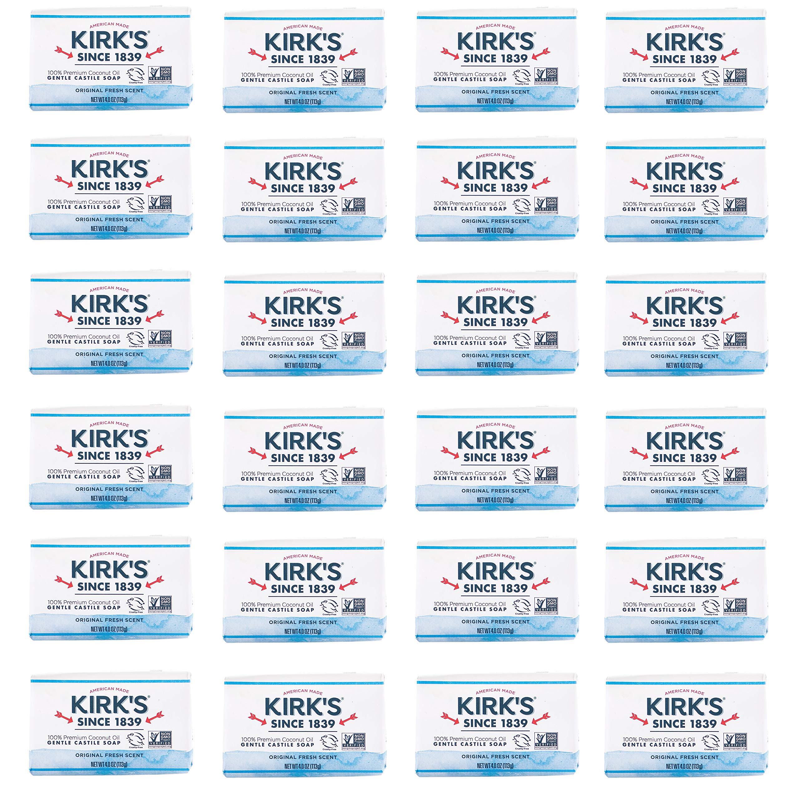 Kirk's 24-pack front packaging showing multiple 4 oz bars and value
