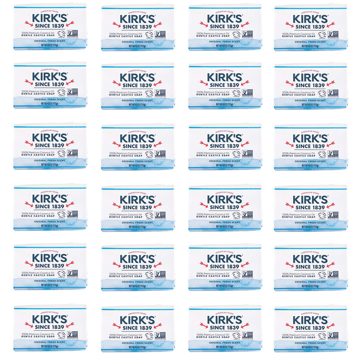 Kirk's 24-pack front packaging showing multiple 4 oz bars and value