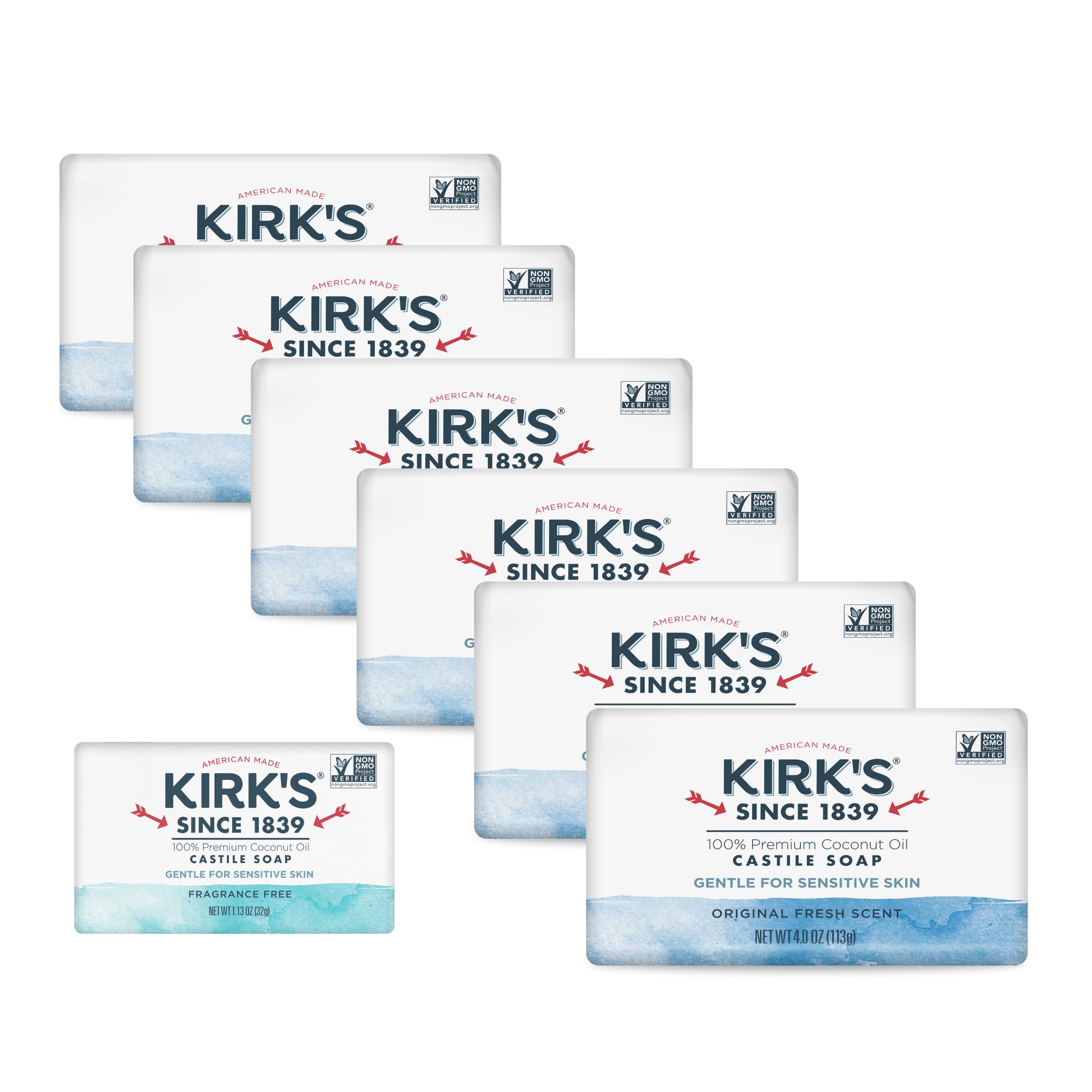 Kirk's front packaging showing six Original Fresh bars and travel bar, clear benefit: reliable supply