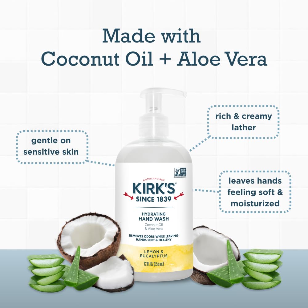 Kirk's label with aloe vera and coconut oil ingredients highlighting skin benefits