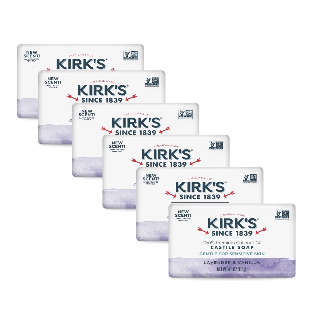 Kirk's lavender and vanilla front packaging showing gentle scent and six bars benefit: clear labeling