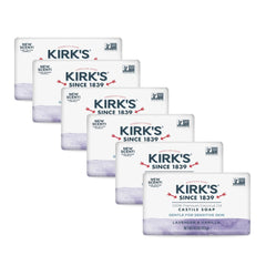 Kirk's lavender and vanilla front packaging showing gentle scent and six bars benefit: clear labeling