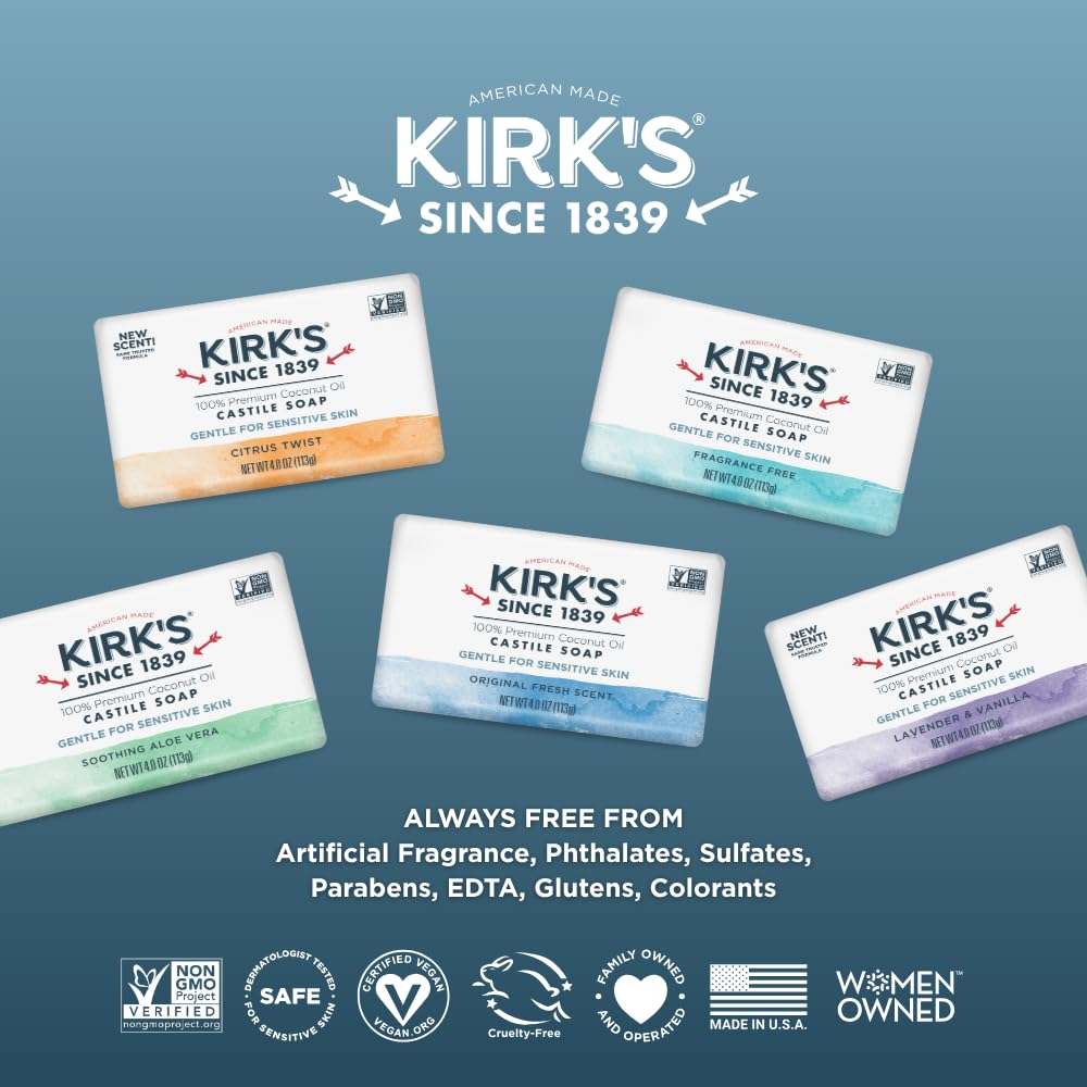 Kirk's bars arranged at bathroom sink conveying everyday use and family-friendly formula