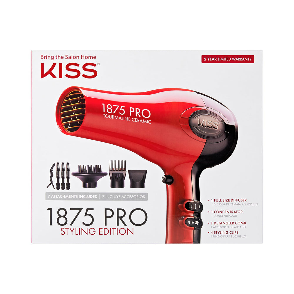 KISS hair dryer front view showing controls and red finish for easy handling