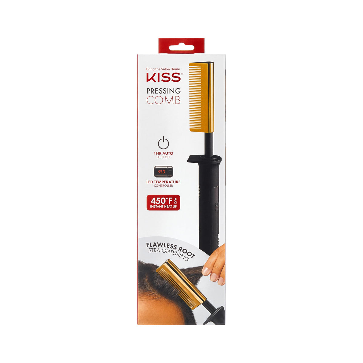KISS pressing comb front view showing sleek gold finish and ergonomic handle for quick styling