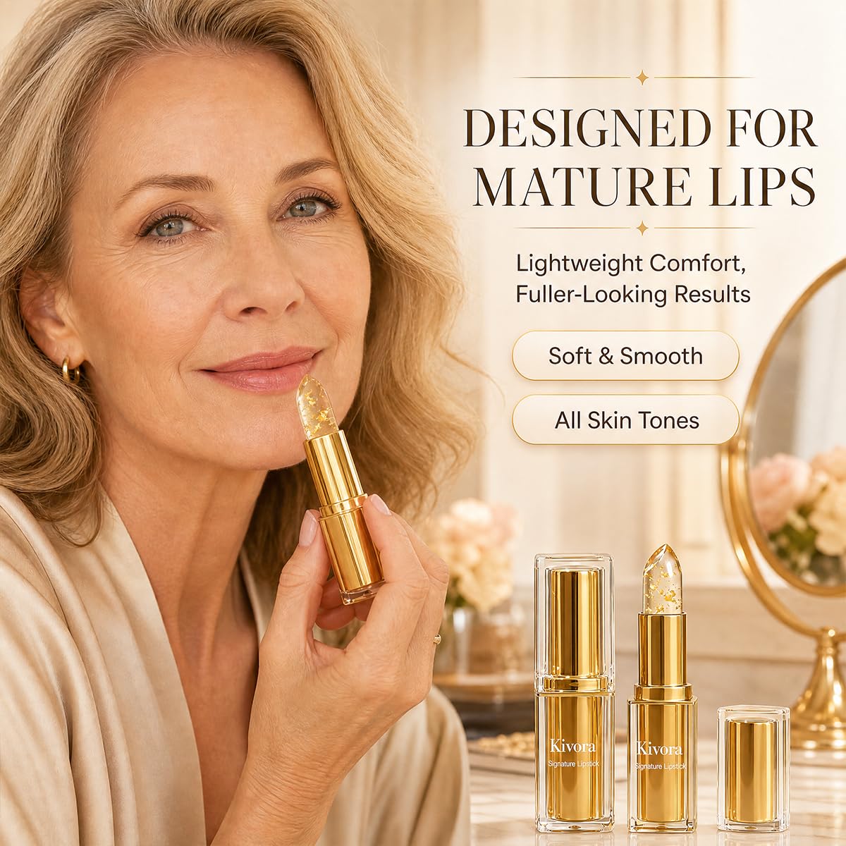 Kivora applied on mature lips demonstrating hydrated natural-looking finish