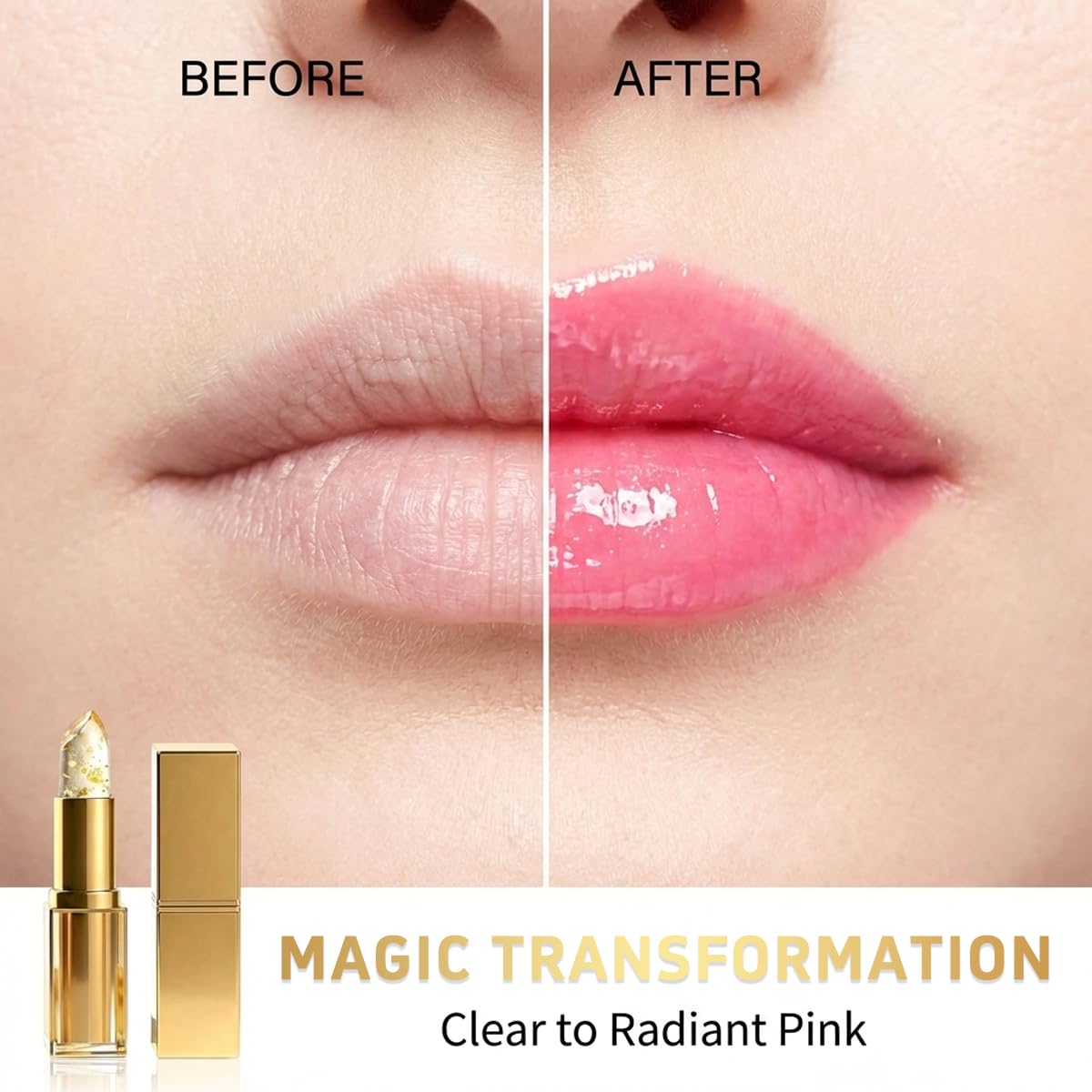 Generic Kivora Coellyo lips before and after application showing improved tone and moisture