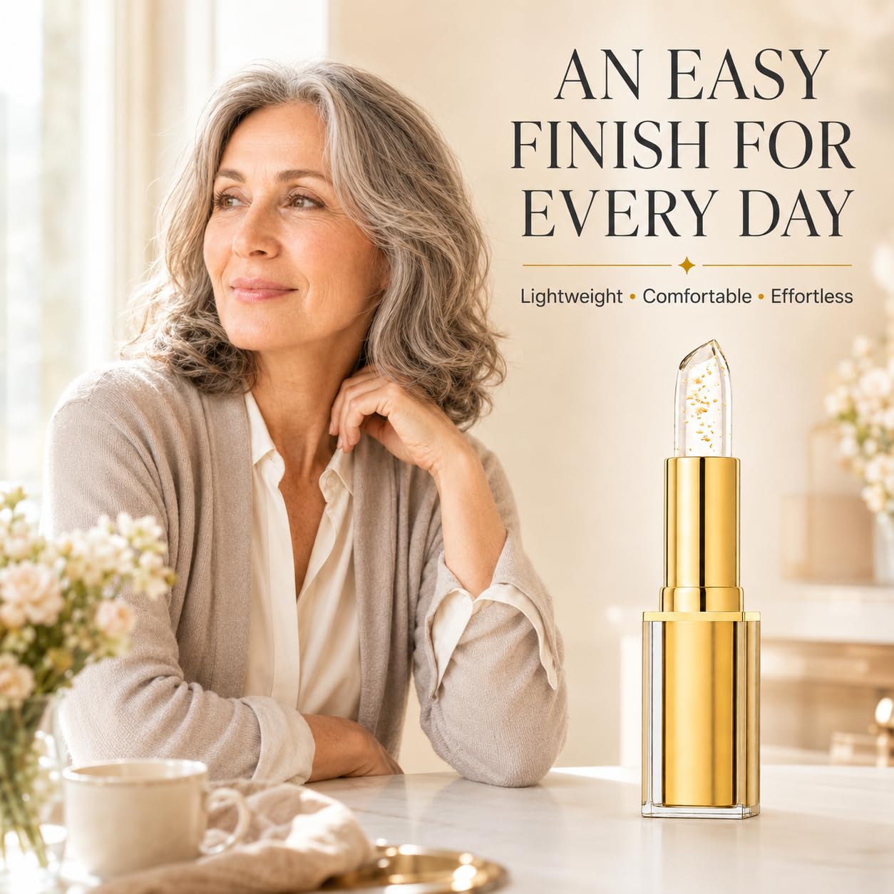 Kivora applied on mature lips — natural-looking personalized tint