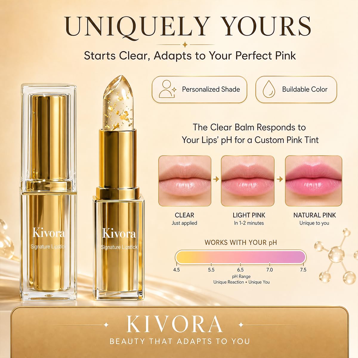 Kivora texture close-up showing glossy balm for visible hydration benefit