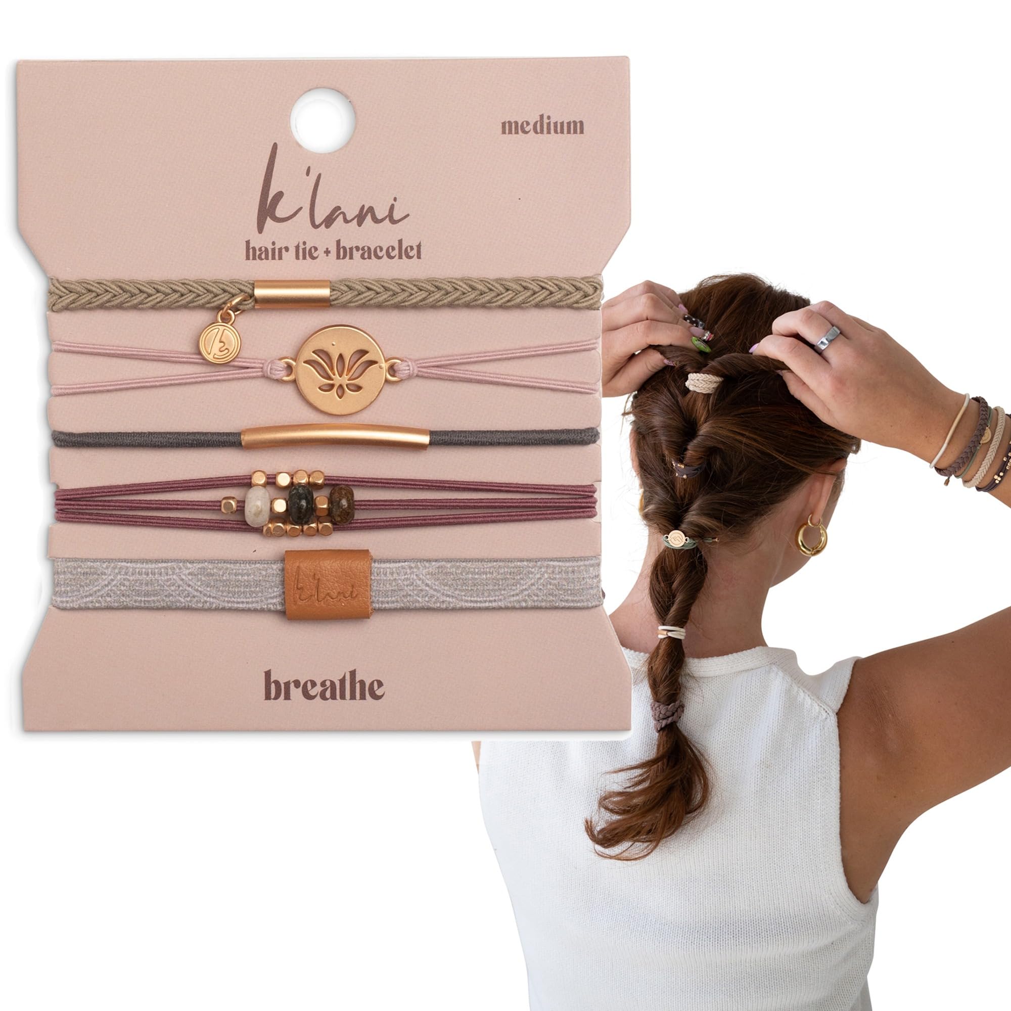 K'lani front packaging showing five hair tie bracelets and tidy presentation