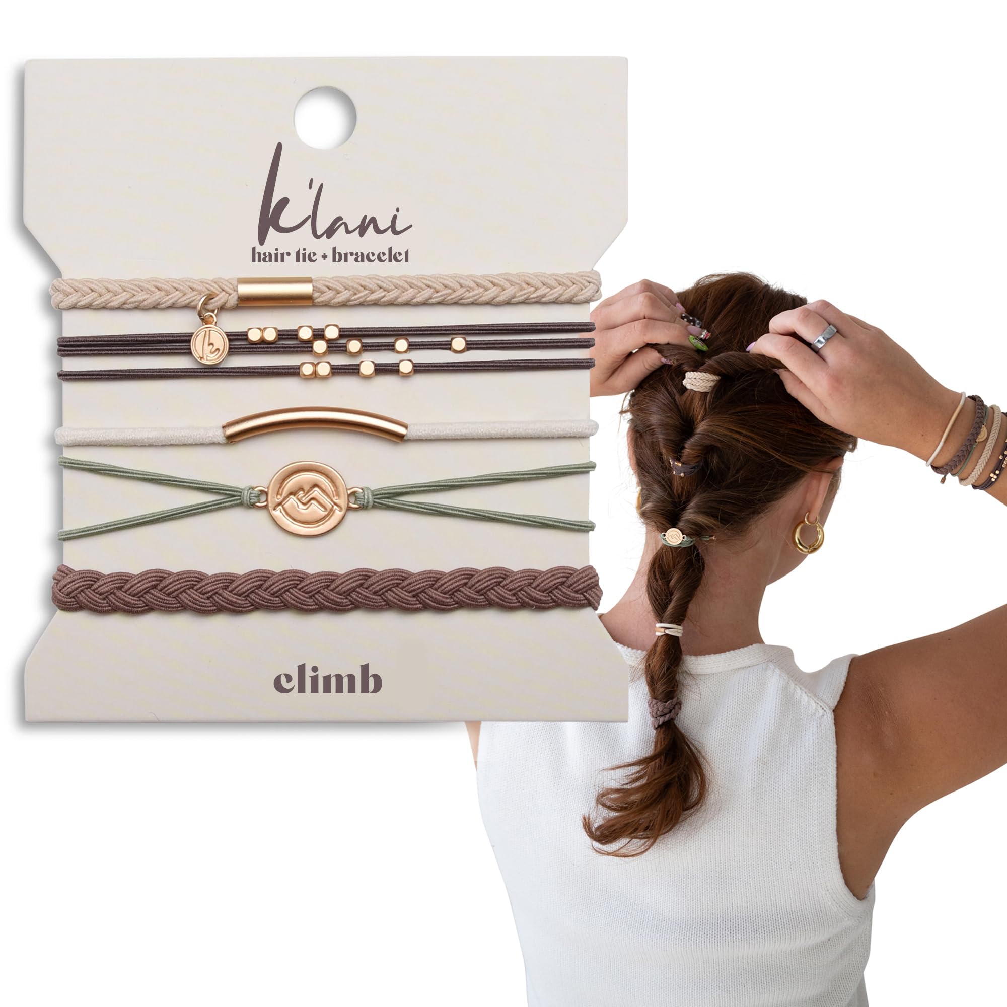 K'lani front packaging showing five hair tie bracelets and benefits of versatility